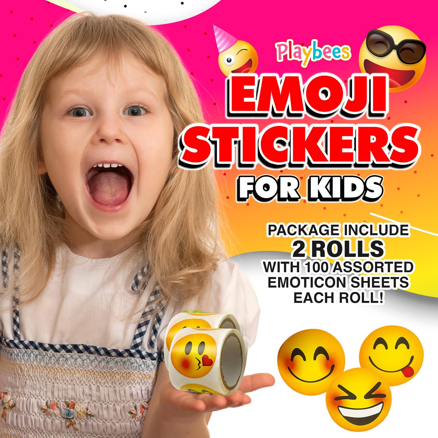 Playbees Emoticon Stickers - 2 Rolls - Kids' Party Favors, Game Prizes, Novelty Toys, Wall Decor, Scrapbooking, Arts and Crafts - 200 Count, 1.5 Inch