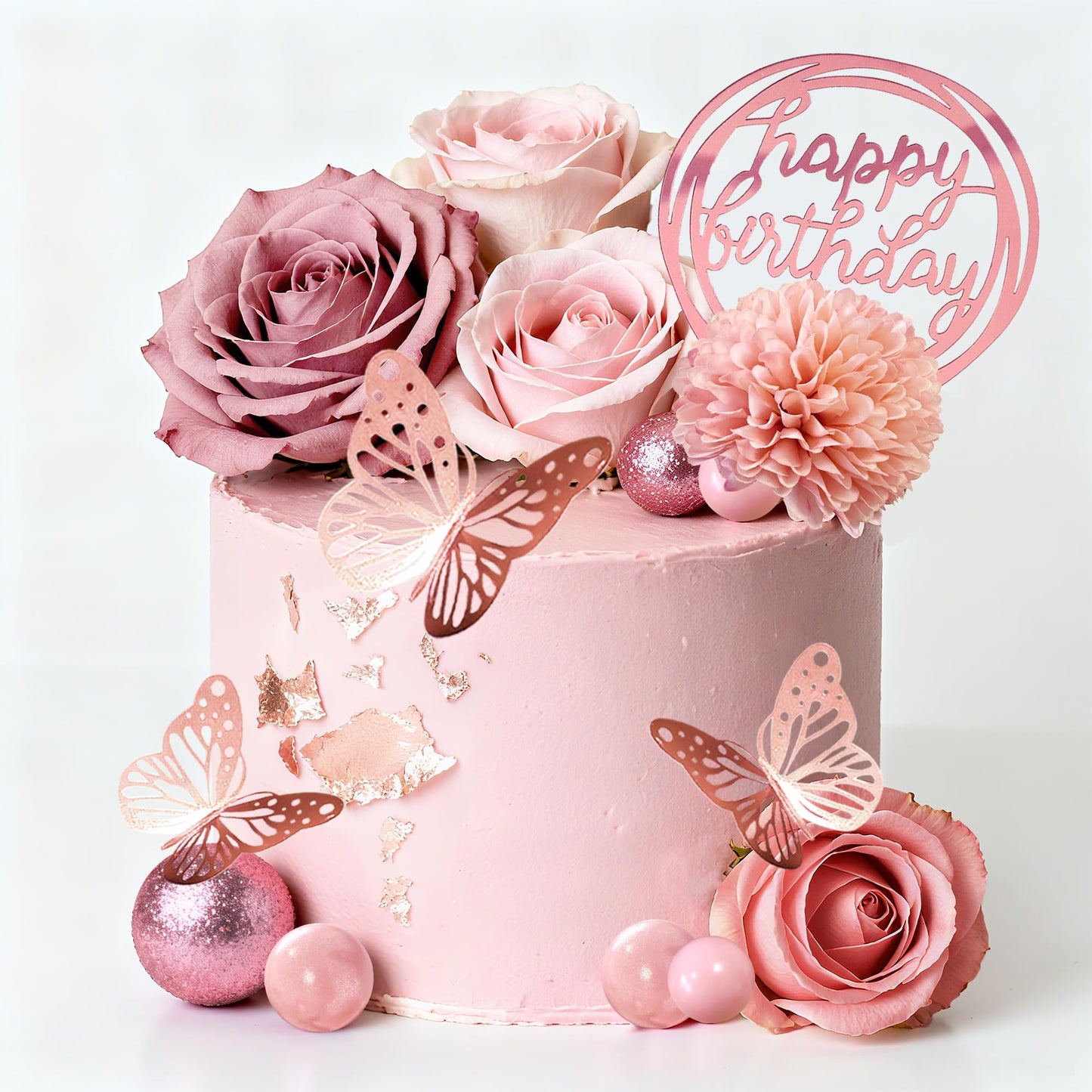 Flower Cake Toppers, Happy Birthday Rose Gold Cake Decorations with Artificial Flowers Butterfly Balls for Wedding Baby Shower Birthday Party Supplies