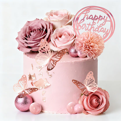 Flower Cake Toppers, Happy Birthday Rose Gold Cake Decorations with Artificial Flowers Butterfly Balls for Wedding Baby Shower Birthday Party Supplies