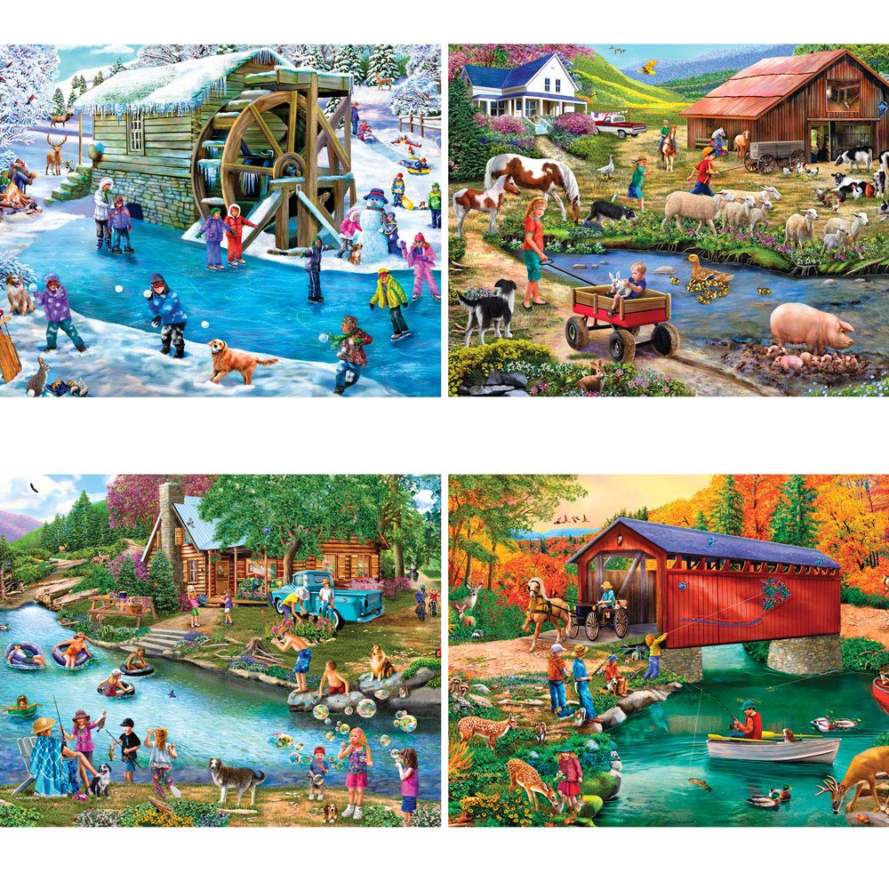 Bits and Pieces - 4-in-1 Multi-Pack 300 Piece Jigsaw Puzzles for Adults - River Escapades by Artist Mary Thompson, Completed Puzzle Size: 16" x 20"