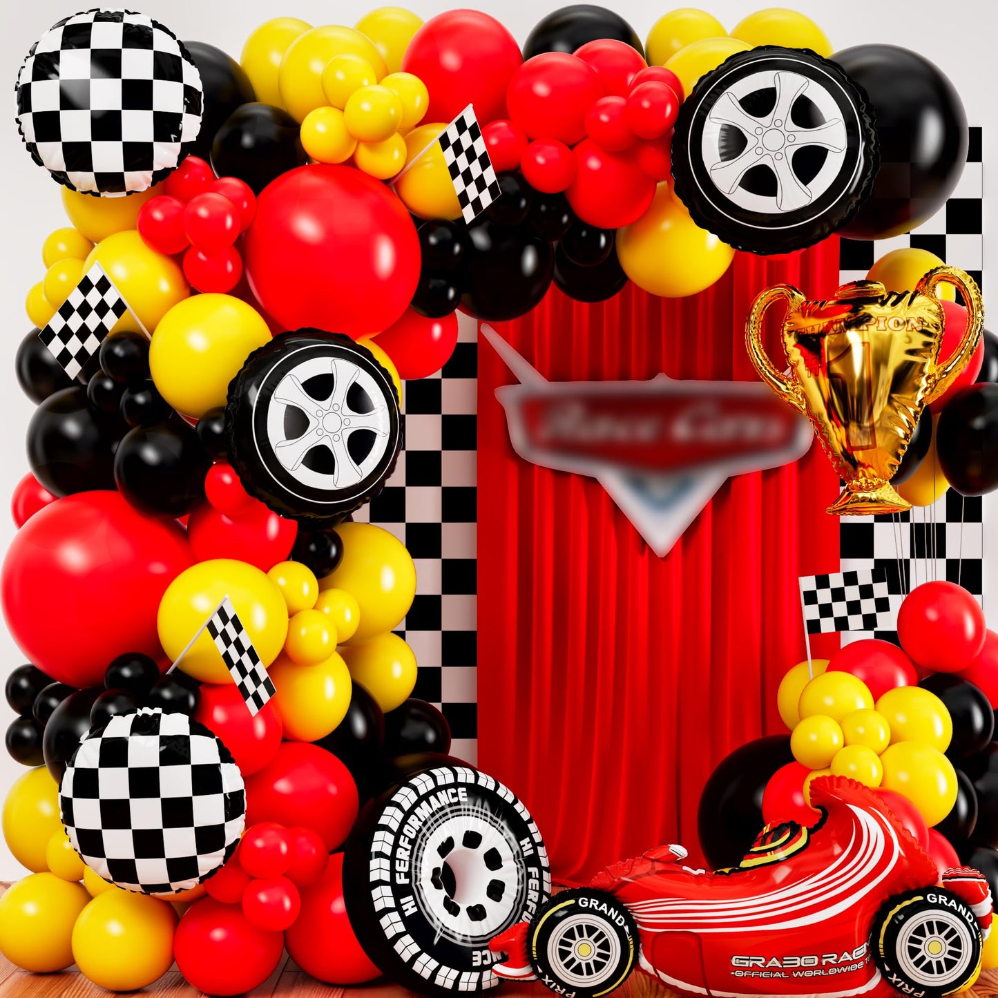 ALL-IN-1 Race Car Balloon Arch Kit & Garland with BONUS Trophy Foil Balloon - Red Black and Yellow Balloons for Race Car Birthday Party Supplies & Boy