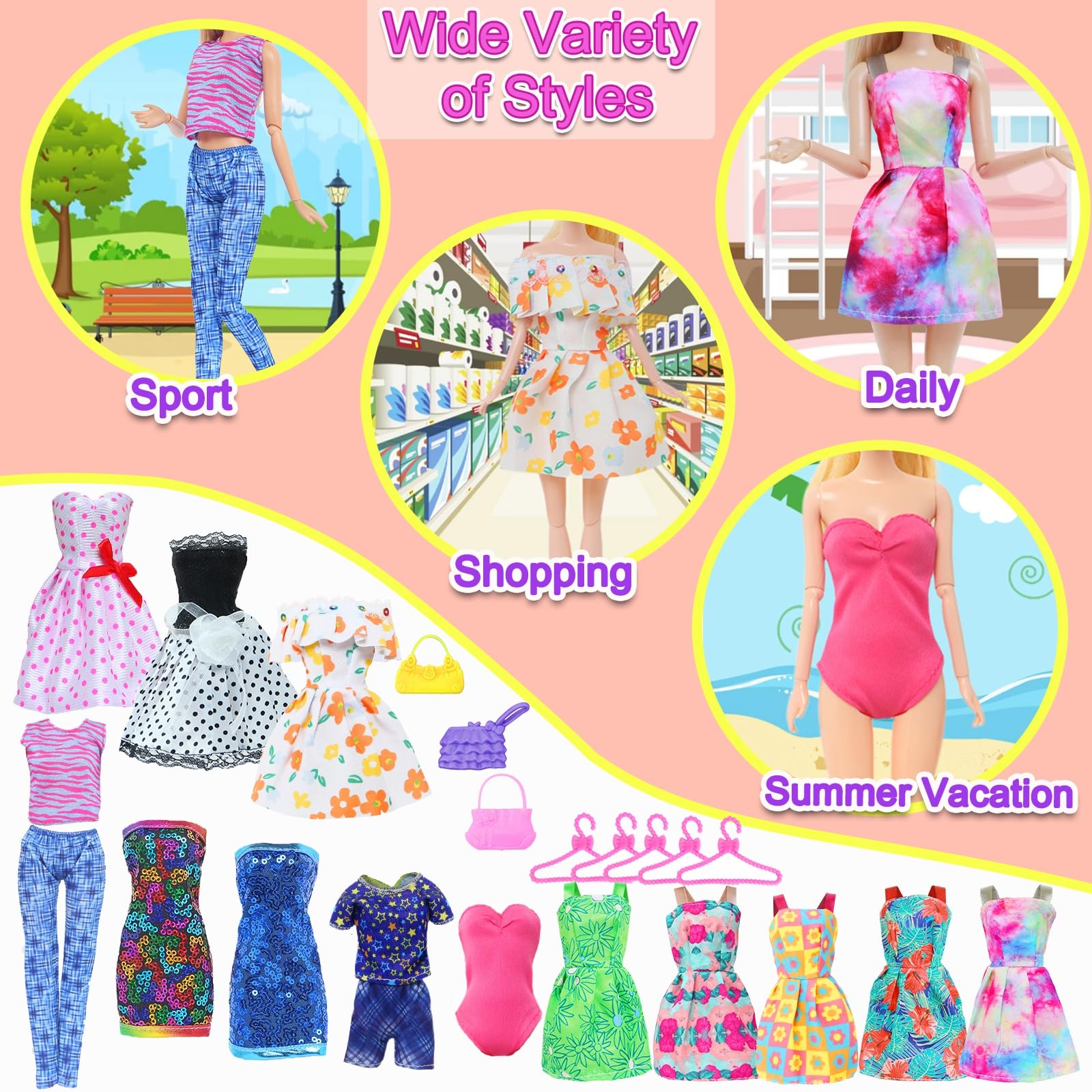 BLIJOLA Doll Clothes 21Pcs Including 3 Fashion Dresses 5 Daily Slip Dresses 2 Casual Tops and Pants Outfits 2 Sequins Dress 1 Swimsuit 3 Bags 5