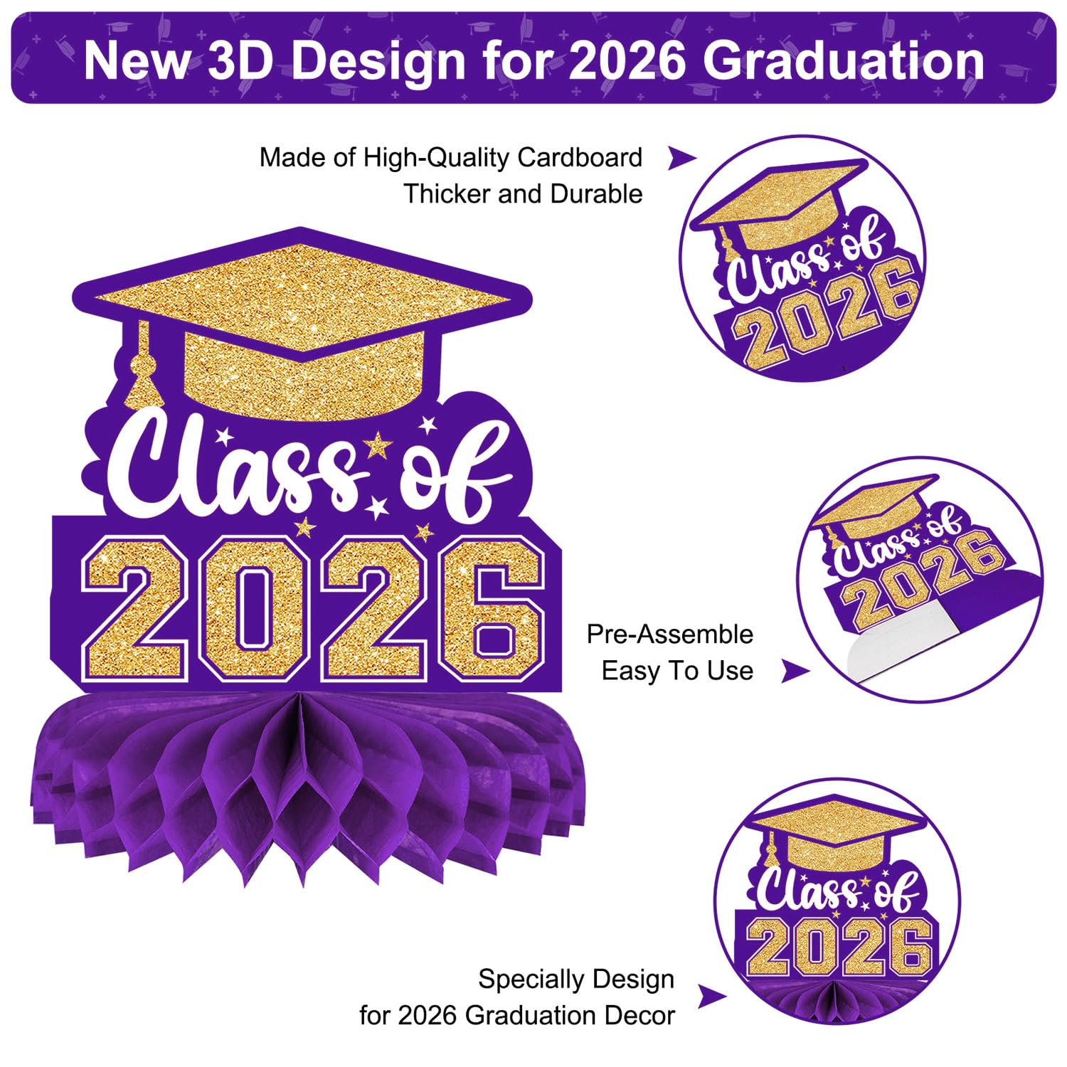 8 Pieces Class of 2026 Graduation Table Decorations - 2026 Congrats Grad Honeycomb Centerpieces, Graduations Table Toppers Decor for 2026 Graduation