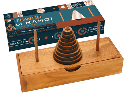 BSIRI Fun Puzzle Board Games Gifts of Hanoi Tower (9 Rings) with Wooden Designs for Brain Teasers Logic Games Kids and Adults to Challenges Mastermind