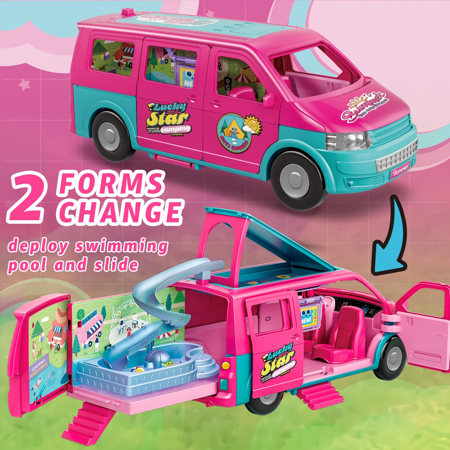 Dollhouse Camping RV Playset for Girls - Kids Camper Van Toy with Slide, Pool, Tent, BBQ Grill & Doll Accessories - Pretend Play Outdoor Adventure Toy