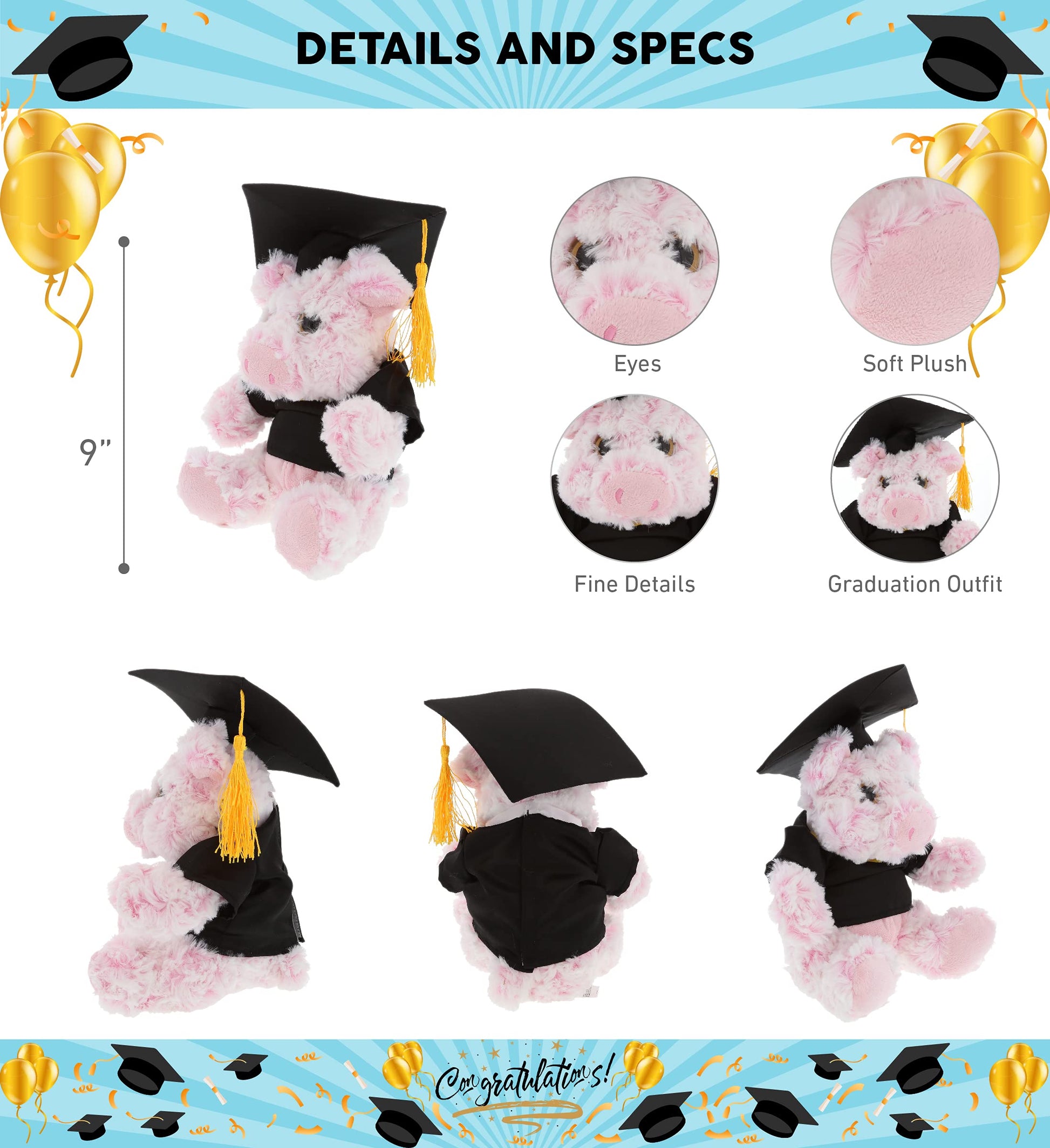 DolliBu Sitting Pig Graduation Plush Toy - Soft Graduation Stuffed Animal Dress Up with Gown & Cap with Tassel Outfit - Gift with Personalization - 9"