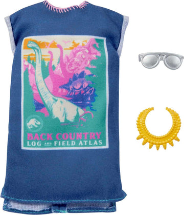 Barbie Doll Clothes Inspired by Jurassic World: Dominion, Complete Look with 2 Accessories, T-Shirt Dress with Colorful Dinosaur Graphic, Necklace &