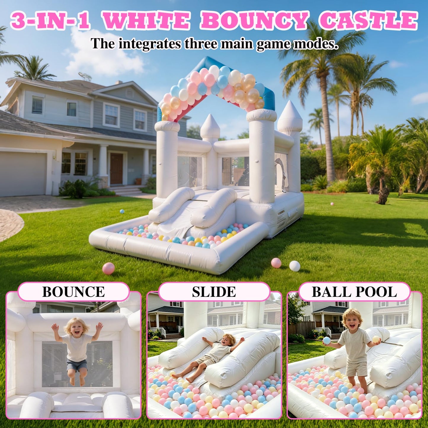 14.1FT White Bounce House Castle for Kids, w/Slide & Ball Pit