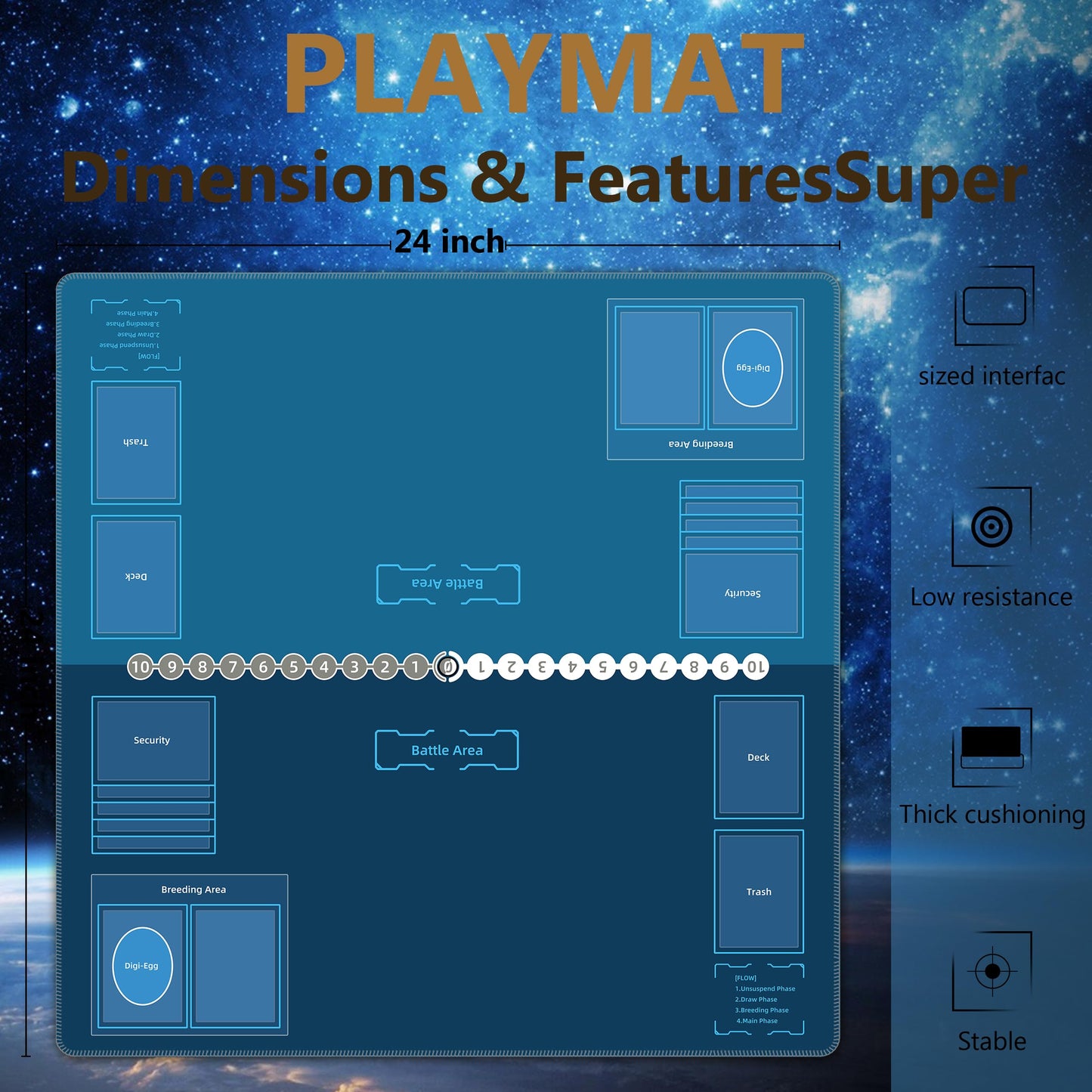 Cylvenor Two Player Playmat Compatible with Digimon TCG - with 27 Acrylic Tokens & Triangular Tube - Non-Slip Rubber Zone with Stitched Edges (2-03