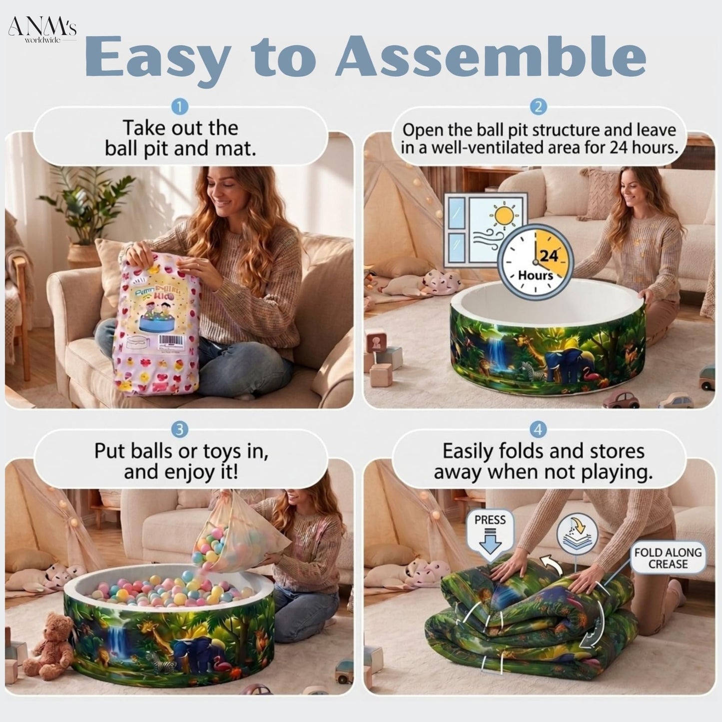 ANM’s Worldwide Foam Ball Pit for Toddlers - 90x30x5 cm Round Ball Pool, Soft Round Baby Playpen Ball Pool for Kids - Indoor Play Area for Babies