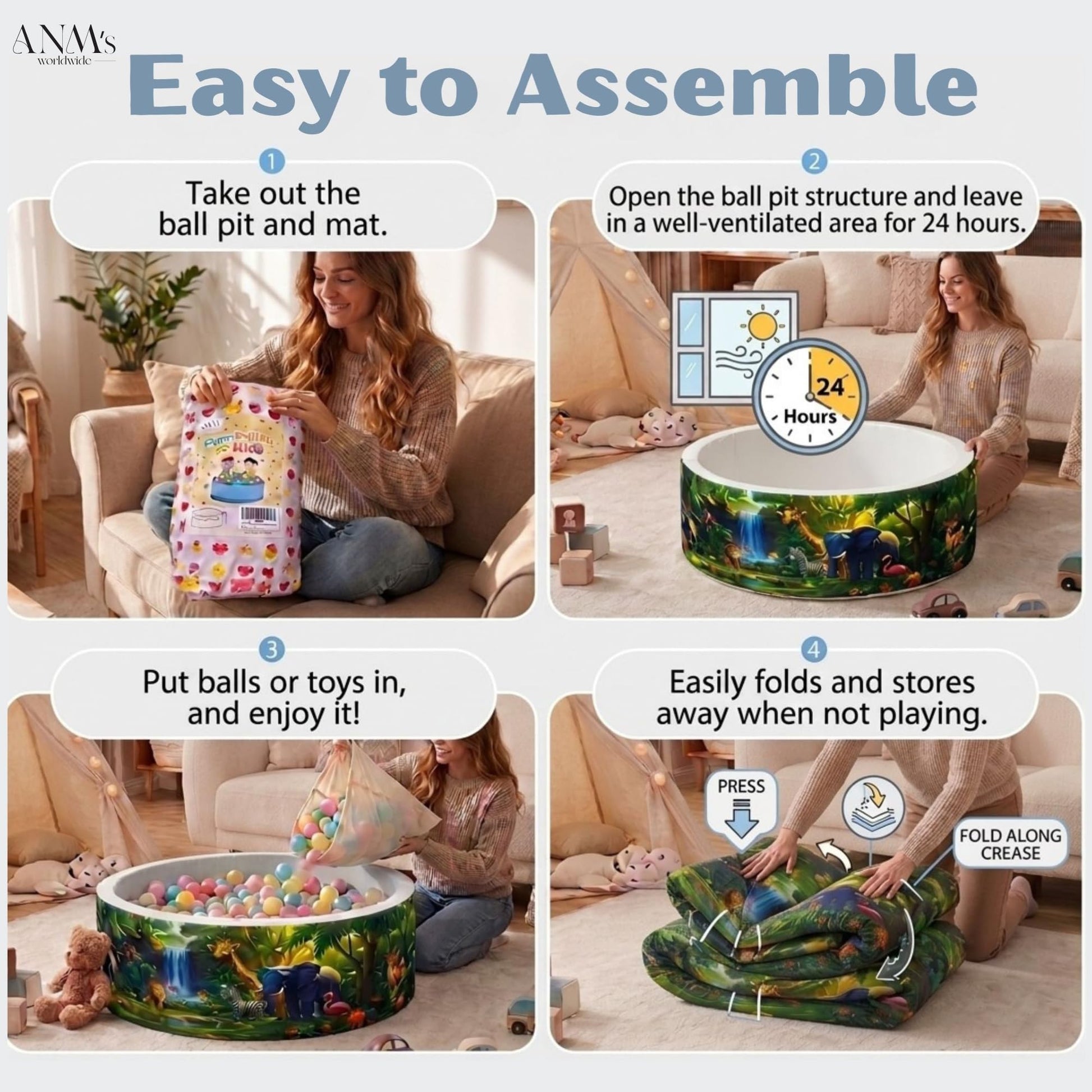 ANM’s Worldwide Foam Ball Pit for Toddlers - 90x30x5 cm Round Ball Pool, Soft Round Baby Playpen Ball Pool for Kids - Indoor Play Area for Babies