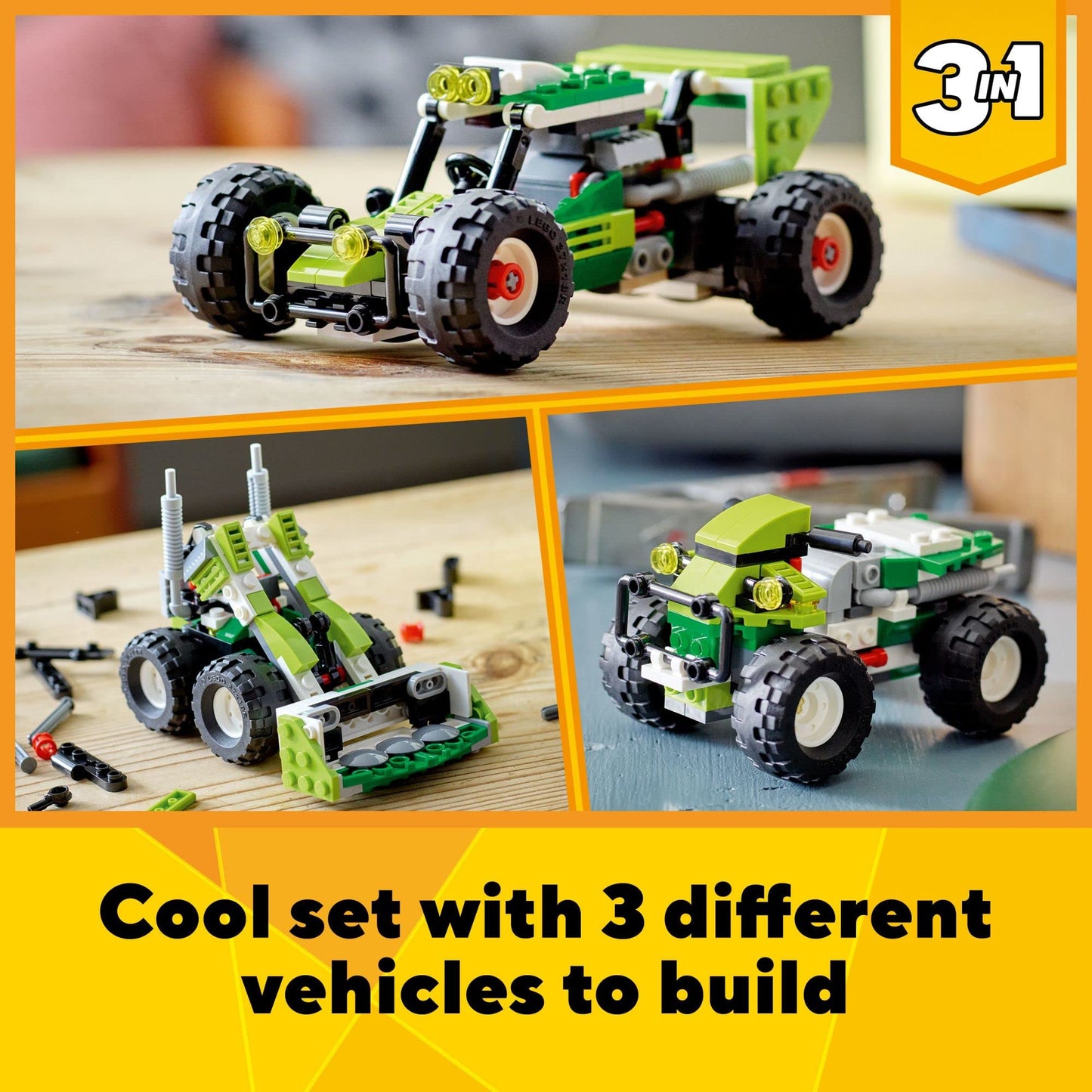 LEGO Creator 3 in 1 Off-Road Buggy, Transforms to 3 Different Construction Vehicles from Skid Loader Digger to ATV Car Toy to Off-Roader, Construction