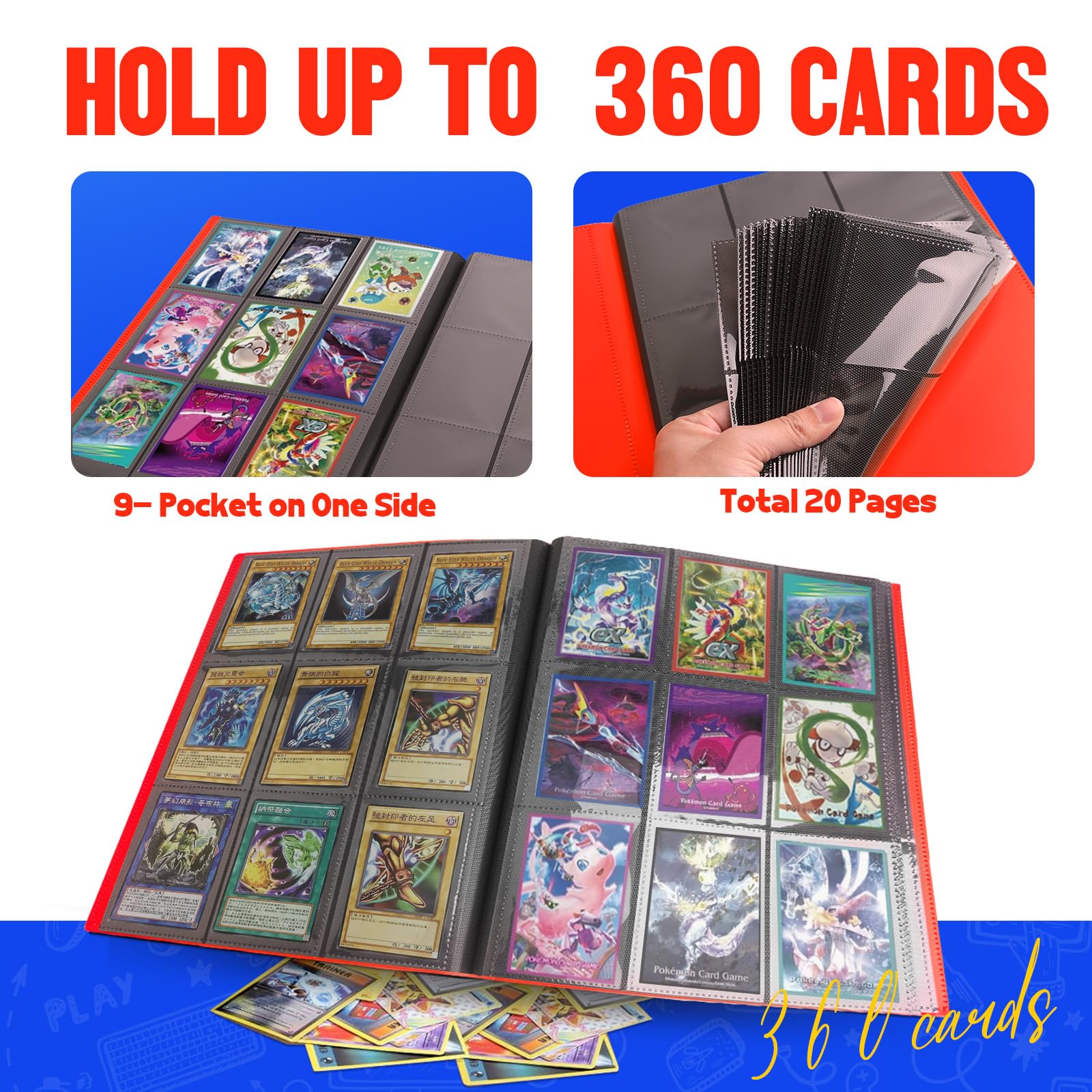 Card Binder 9-Pockets, Trading Card Binder, 20 Pages, 360 Card Capacity Collection Binder, Card Folder for MTG, TCG, Game Cards & Sports Cards?Red?