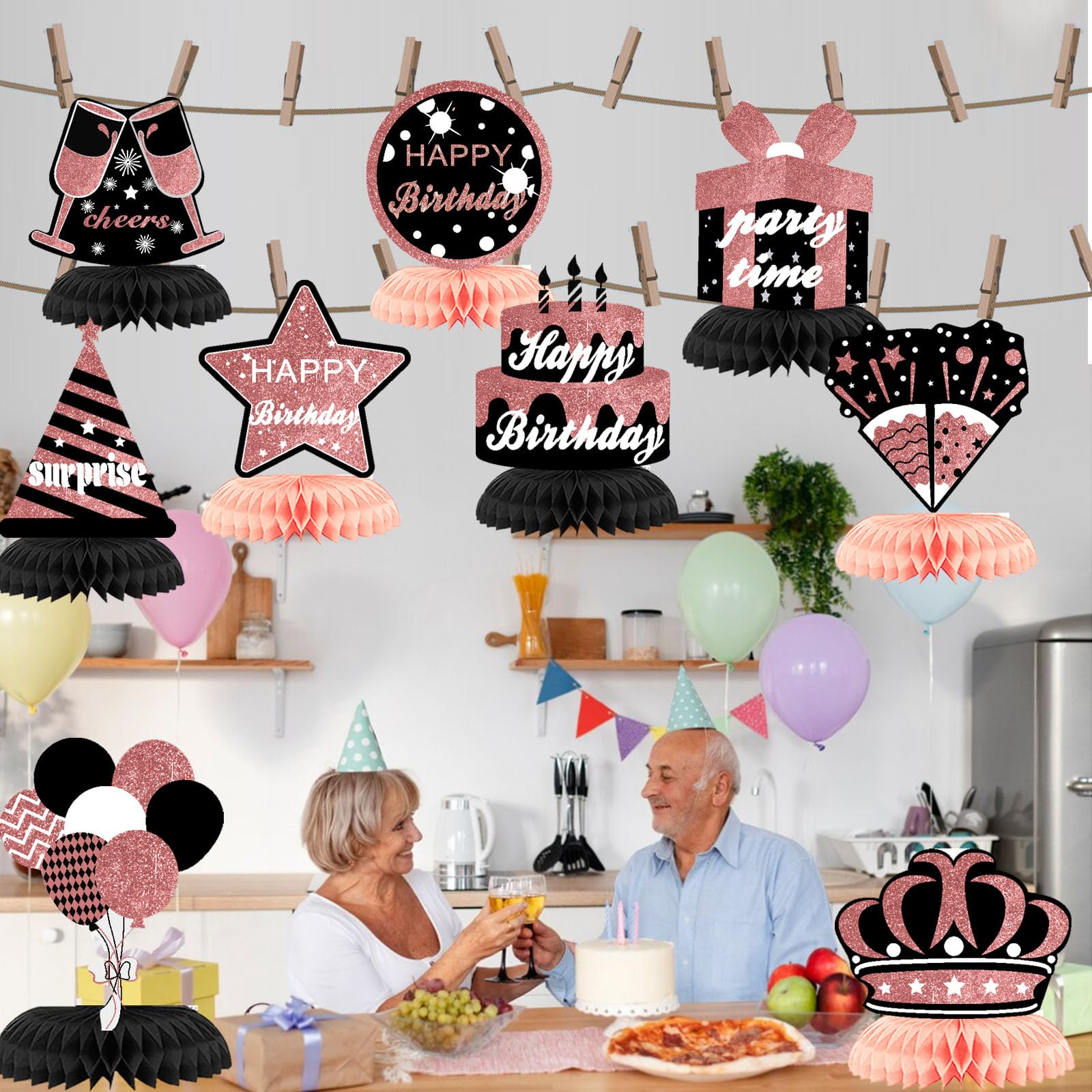 WINPOGEE 9PCS Rose Gold Black Happy Birthday Decorations Honeycomb Centerpieces for Women MenHappy Birthday Table Centerpieces Party Supplies Birthday
