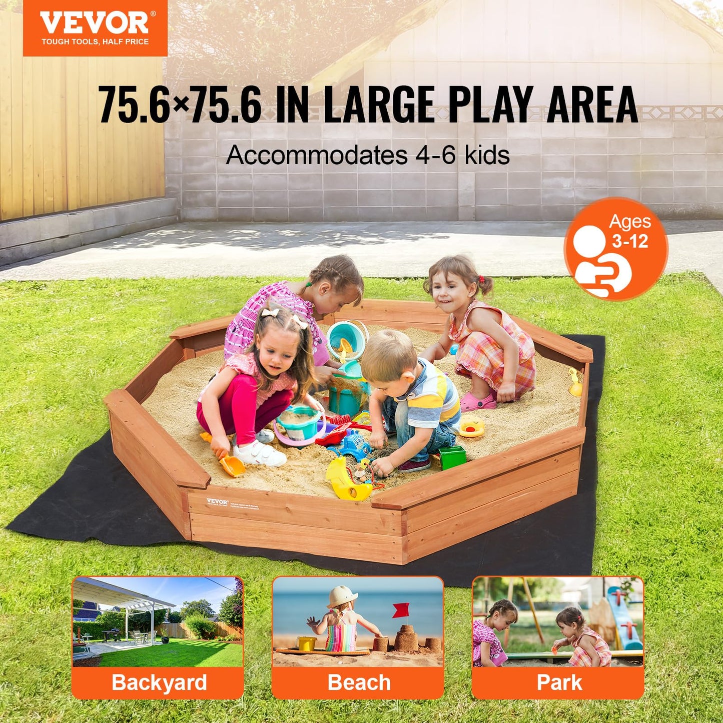 VEVOR Wooden Sandbox with Cover, 75.6''x75.6''x9.1'' Octagonal Sand Box, Sandpit with 4 Benches and Bottom Liner, Gift for Ages 3-12 Years Old