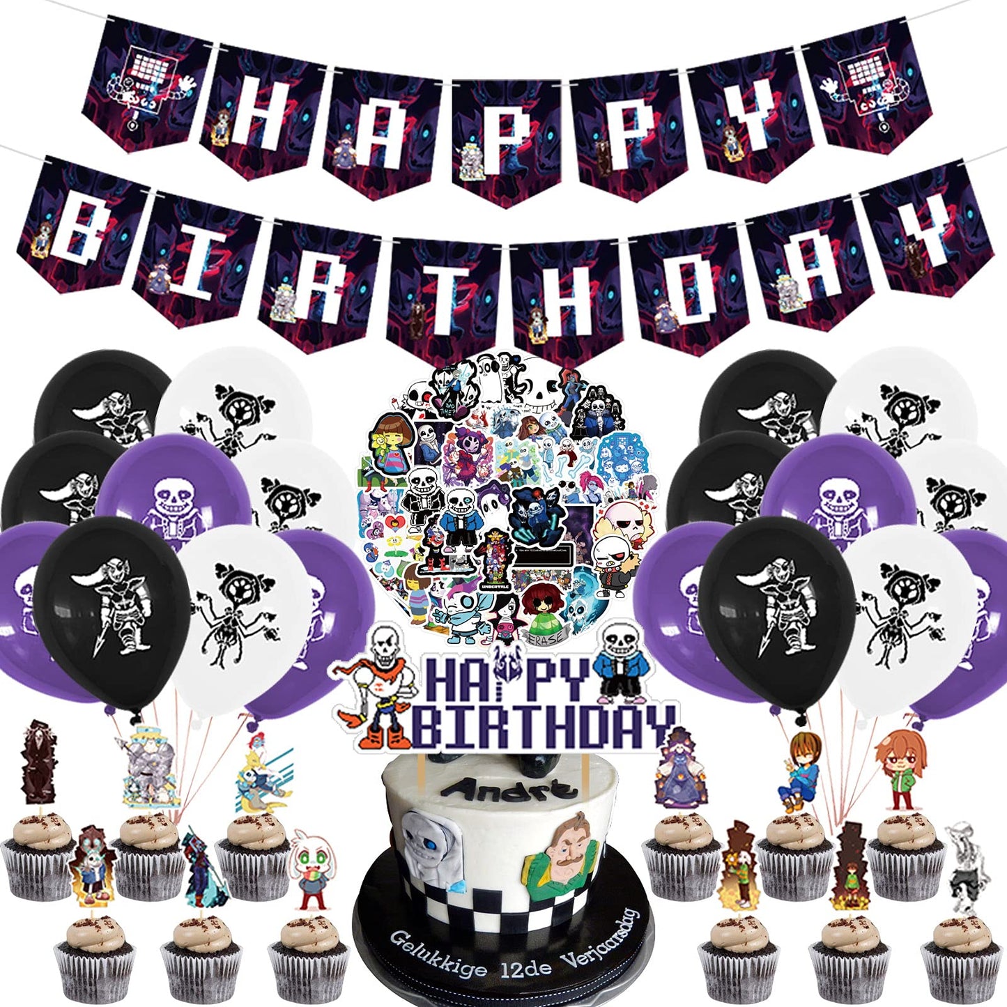 Undertale Party Decorations - Birthday Supplies with Banner, Cake Topper, 12 Cupcake Toppers, 18 Balloons, 50 Stickers