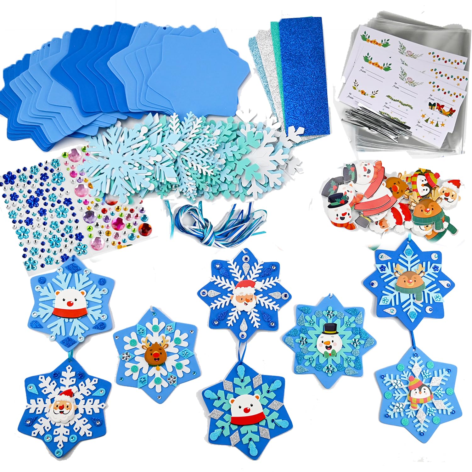 24 Sets DIY Christmas Winter Foam Wreath Crafts Kits Decorations Self Adhesive Xmas Snowflakes Sticker Santa Holly Leaf for Kids Party Favors Fun