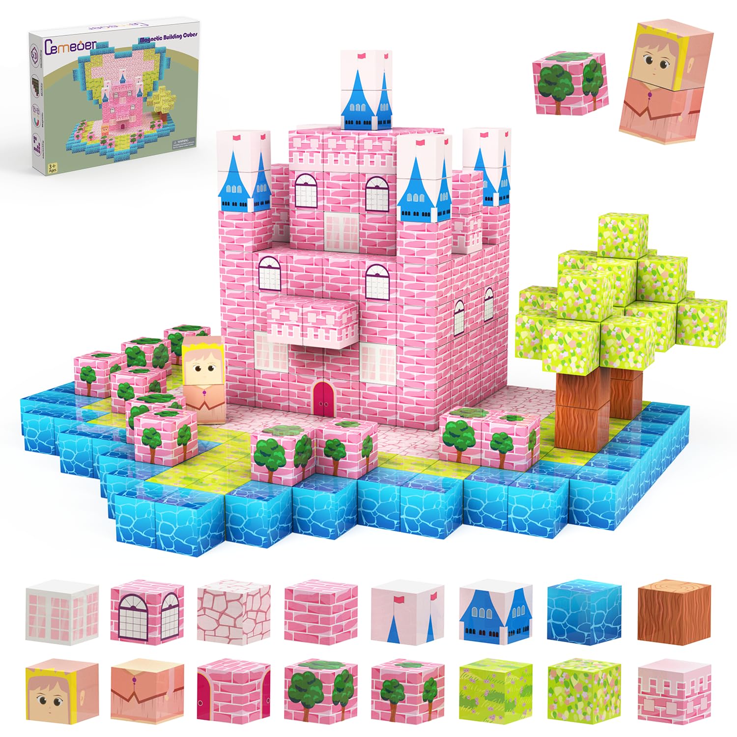 CEMECER Magnetic Blocks, 48PCS 1in Princess Magnetic Building Blocks Toy for Kids Build Cubes, Stacking Magnetic Tiles, Sensory Montessori
