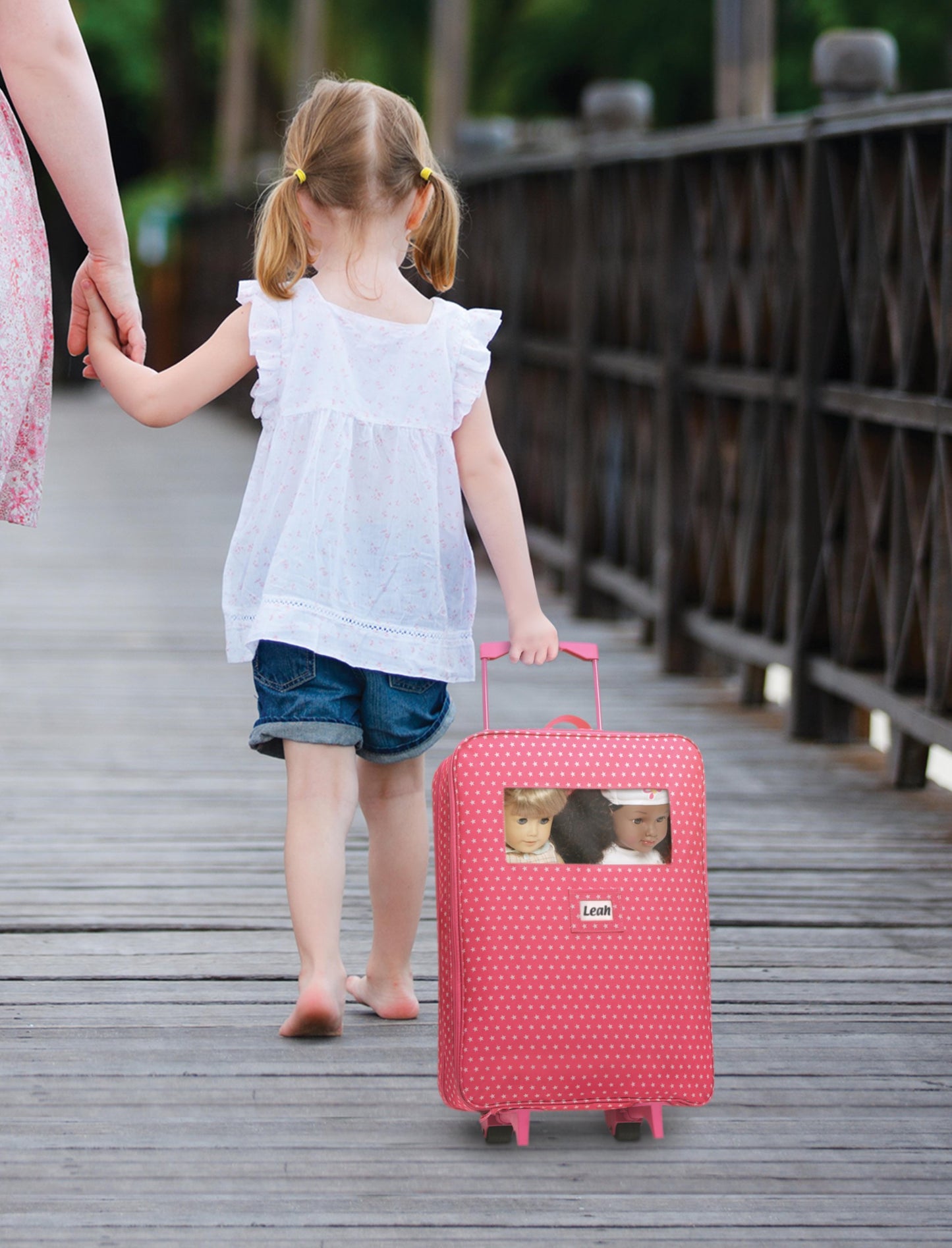 Badger Basket Double Trolley Doll Carrier with Two Sleeping Bags and Pillows - Perfect for 18-Inch Dolls in Pink Star Design