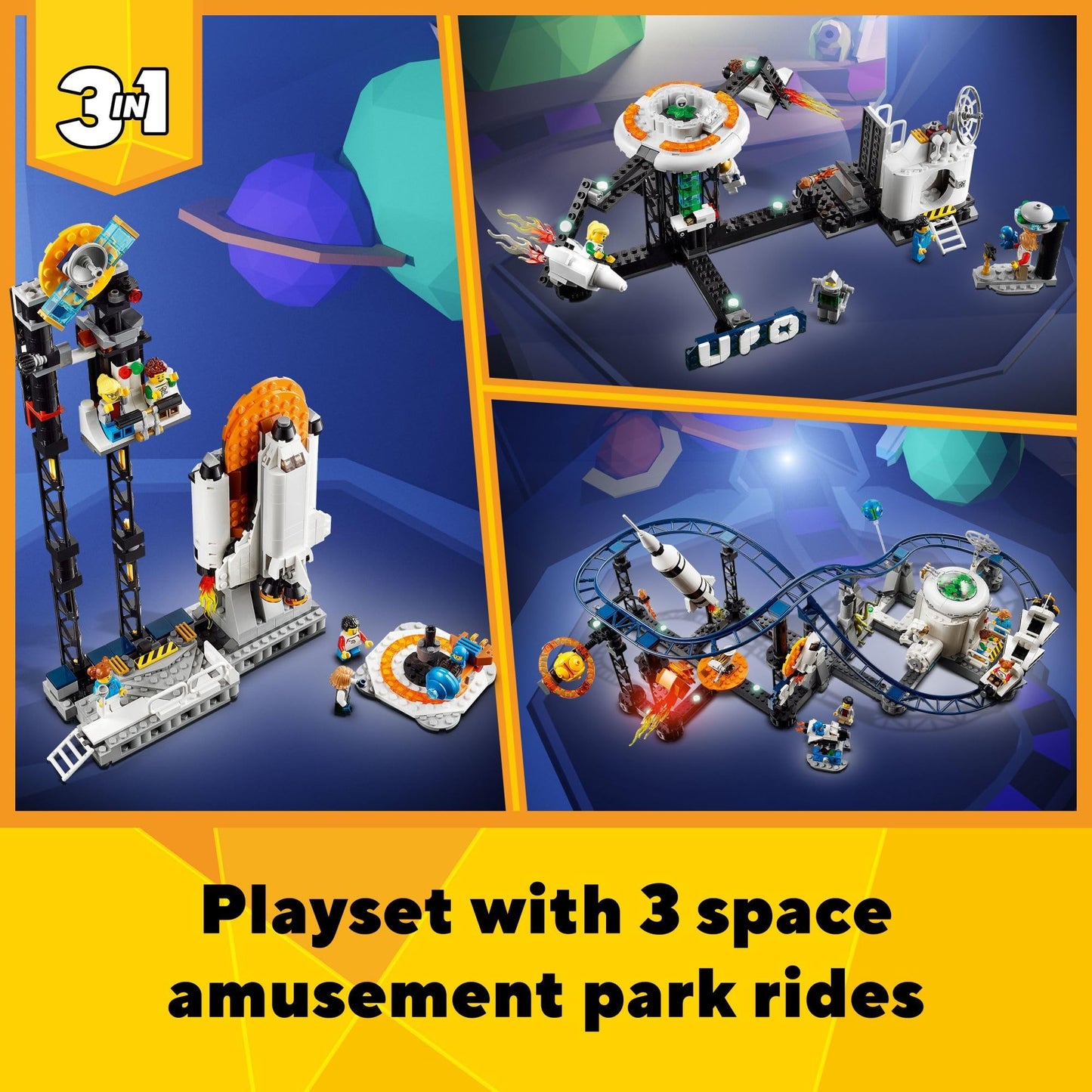 LEGO Creator 3 in 1 Space Roller Coaster, Rebuildable Amusement Park, Build as a Winding Roller Coaster or Drop Tower or Spinning Carousel, with 5