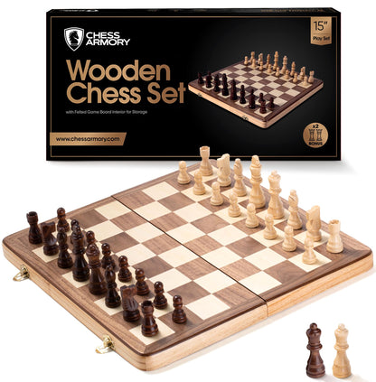 Chess Armory Wooden Chess Set 15 Inch - Classic Handcrafted Game Board for Adults with Extra Queen Pieces and Storage Box - Ideal for Home and Travel