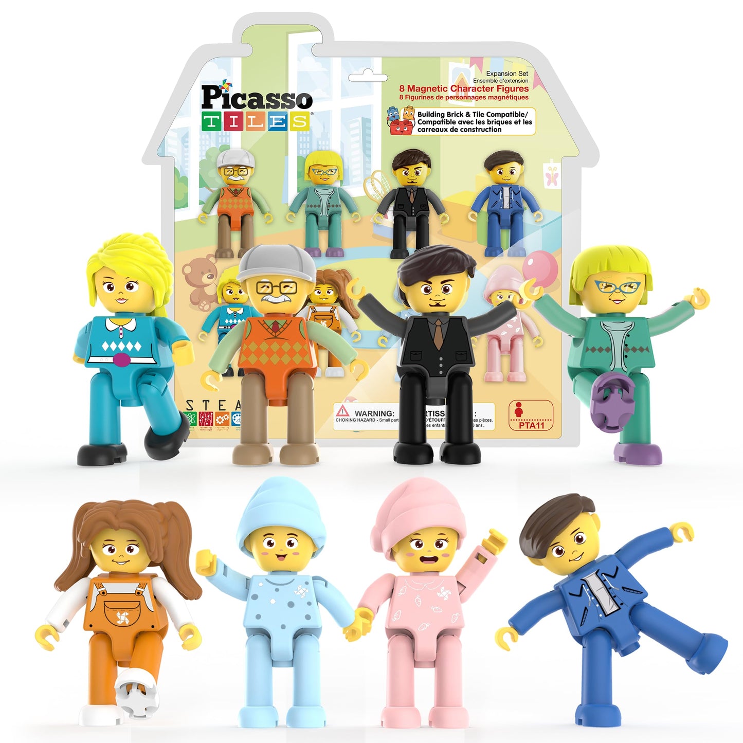 PicassoTiles 8 Piece Magnetic Action Figures Family Character Set Compatible with Magnet Tile Building Blocks STEM Educational Toy for Kids Pretend