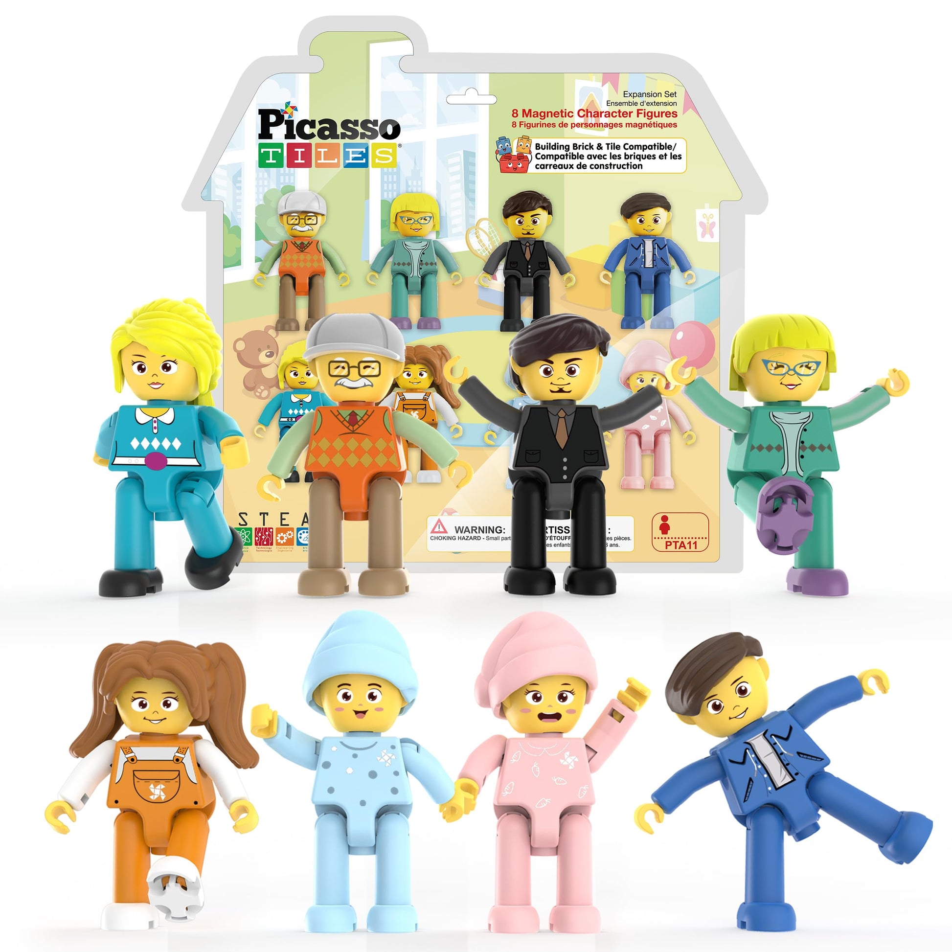 PicassoTiles 8 Piece Magnetic Action Figures Family Character Set Compatible with Magnet Tile Building Blocks STEM Educational Toy for Kids Pretend