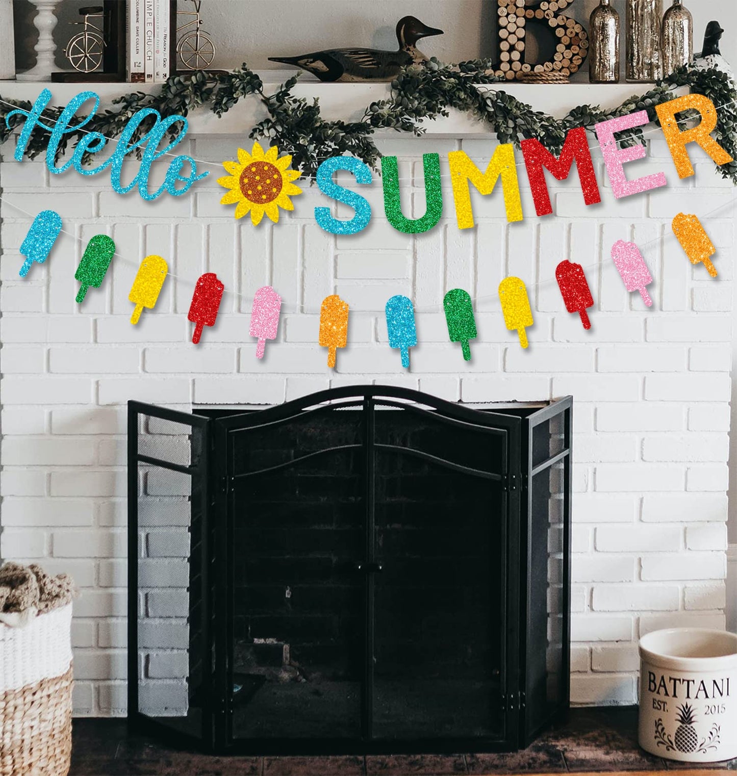 CAVLA Glitter Hello Summer Banner with Sunflower Signs and Colorful Glittery Popsicle Banner Hello Summer Ice Cream Garland Banner Summer Birthday