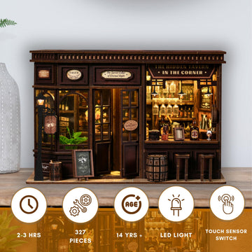 Corner Tavern DIY Book Nook Kit with LED Lights - 3D Wooden Puzzle for Adults, 327 Pieces, Vintage Pub-Inspired Diorama for Bookshelves and Desktop