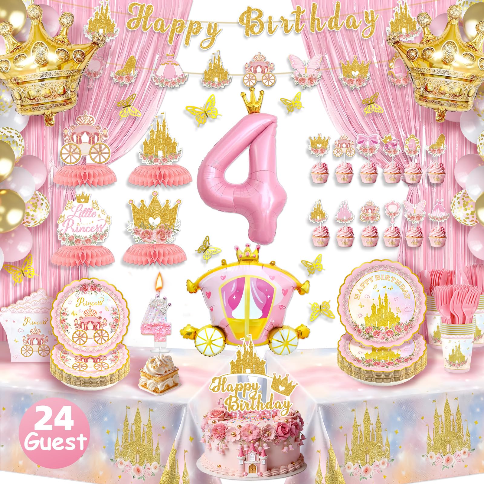 235pcs Princess Birthday Party Decorations, Princess Themed Pink Party Decor, Banner Party Plates Napkins Cups Tablecloths Balloons Cake Toppers