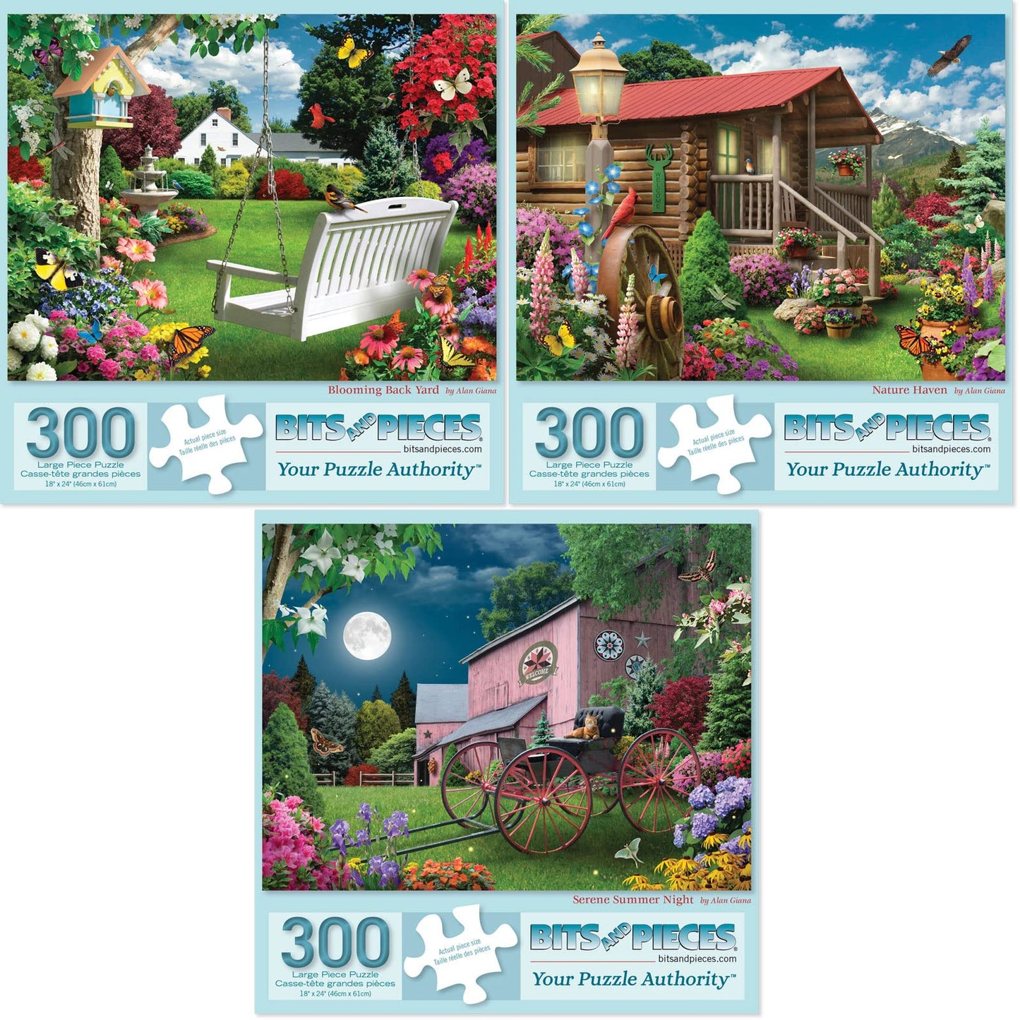 Bits and Pieces - Value Set of (3) 300 Piece Jigsaw Puzzles for Adults - Each Puzzle Measures 18" x 24" - 300 pc Blooming Back Yard, Nature Haven