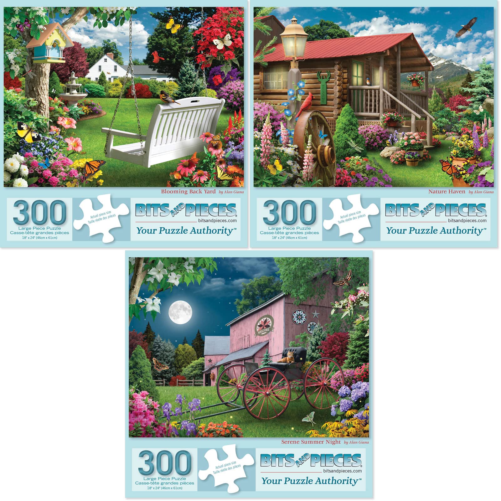 Bits and Pieces - Value Set of (3) 300 Piece Jigsaw Puzzles for Adults - Each Puzzle Measures 18" x 24" - 300 pc Blooming Back Yard, Nature Haven