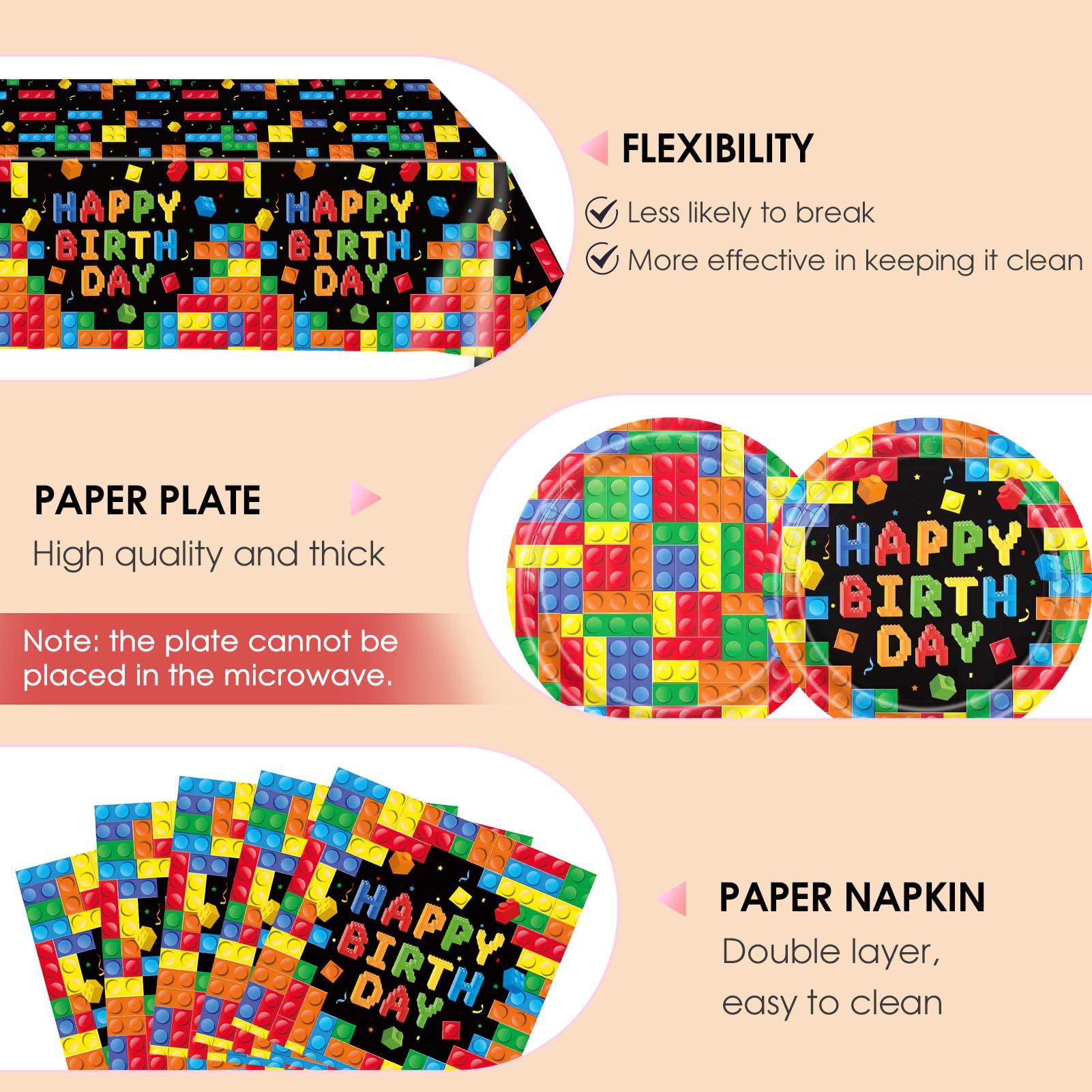 41 PCS Building Block Party Supplies,Colorful Paper Plates and Napkins with Building Block Disposable Plastic Table Cover for Happy Building Blocks