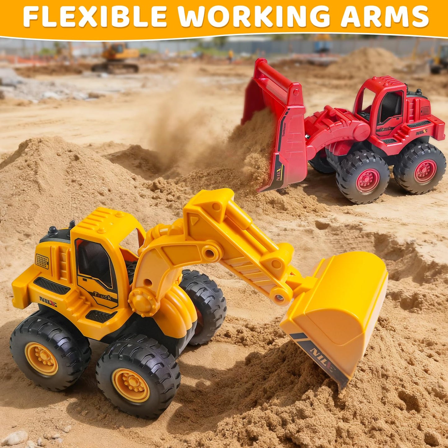 Beestech Construction Toys, Friction Powered Excavator Loader Truck Vehicles, Beach Sand Sandbox Toys for 3, 4, 5 Years Old Boys Kids Girls (2 Pack)