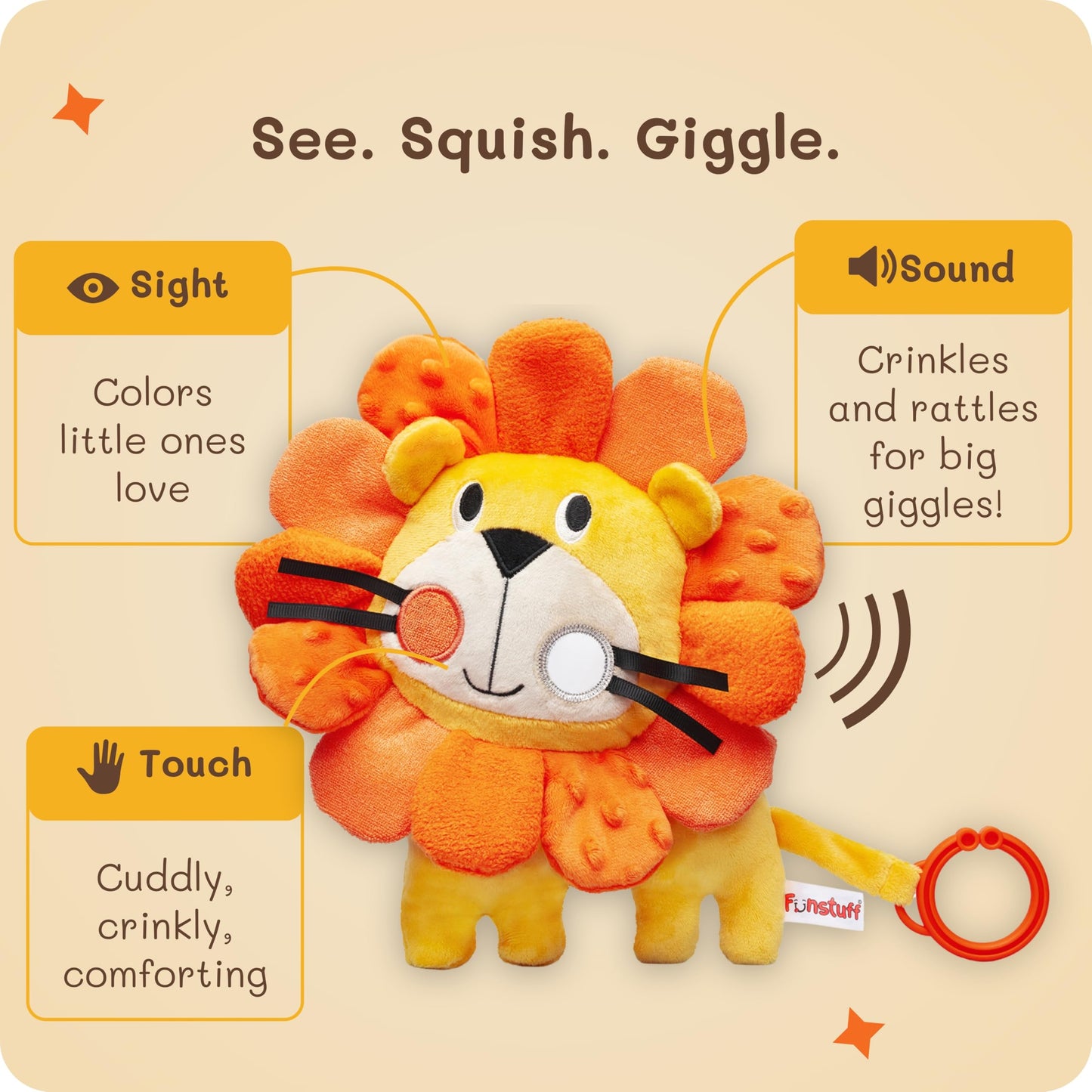 Funstuff Roary the Lion Crinkle Toy for Baby - Sensory Tummy Time Toys - Plush Stuffed Animal with Teething Toy Chew Ring