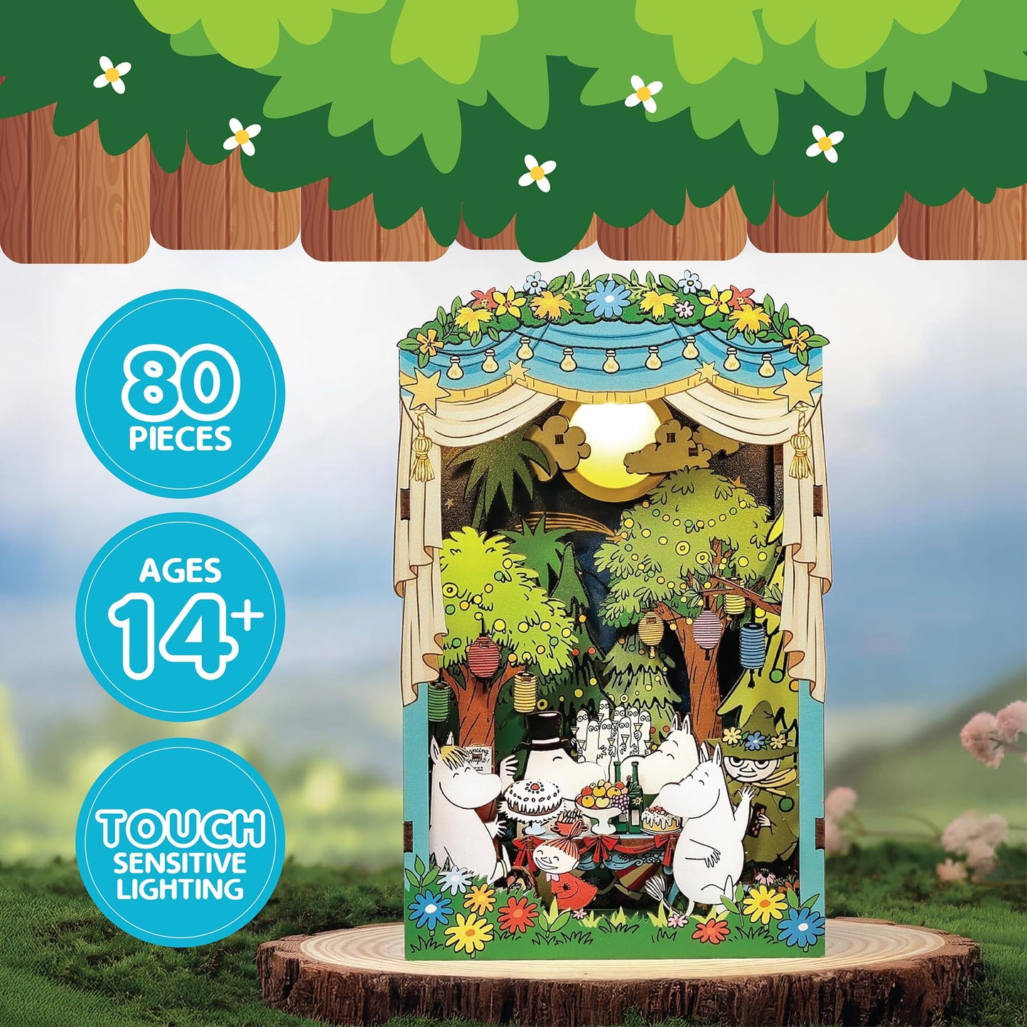 Hands Craft Moomin Moominous Dance Party Book Nook Kit - Fun 3D Puzzle with Touch LED Lights - DIY Wooden Craft Kit for Bookshelf Decor & Gifts