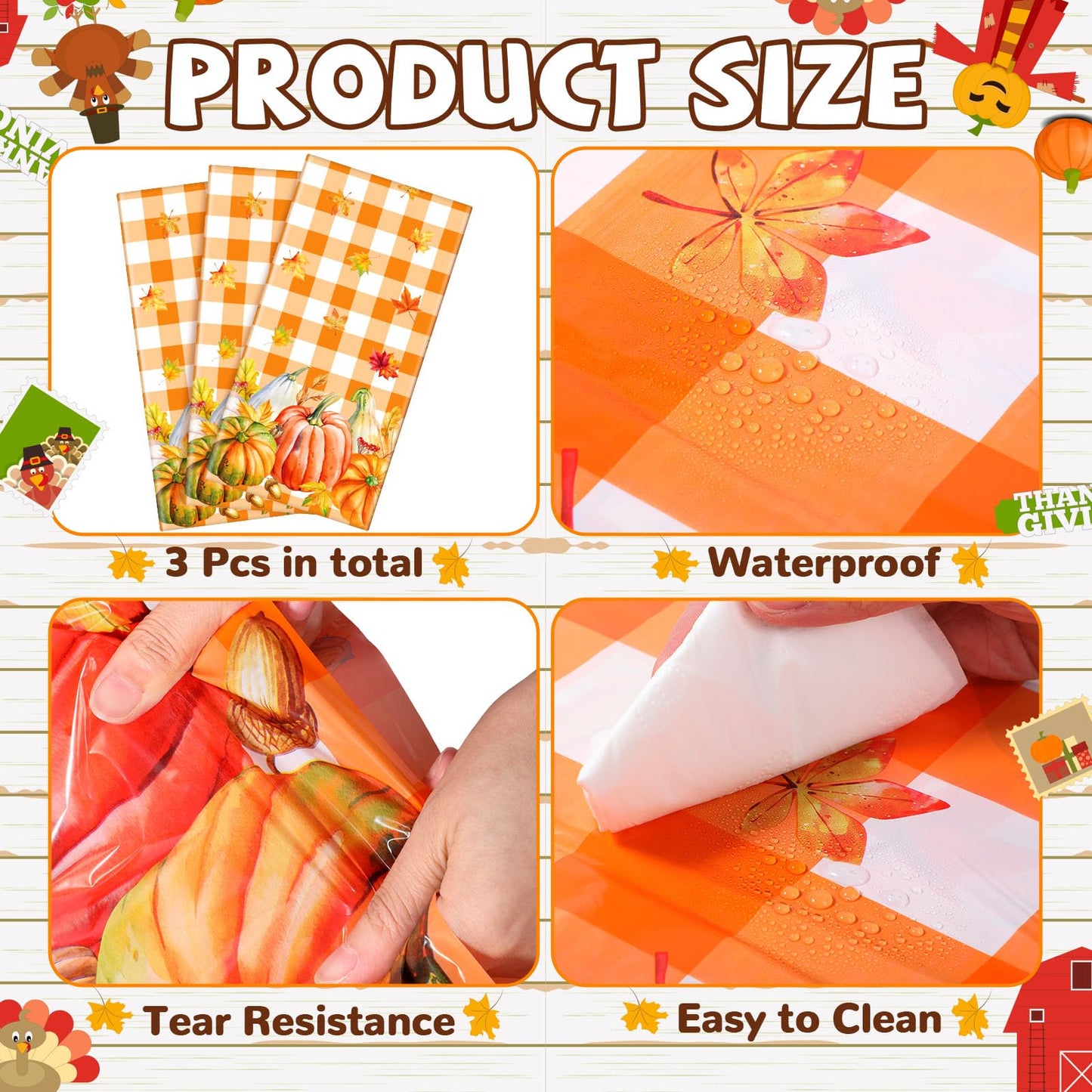 Newwiee 3 Pcs Thanksgiving Disposable Tablecloths Plastic Fall Table Covers 54 x 108 Inch Autumn Rectangle Tablecloths Pumpkin Maple Leaves Turkey
