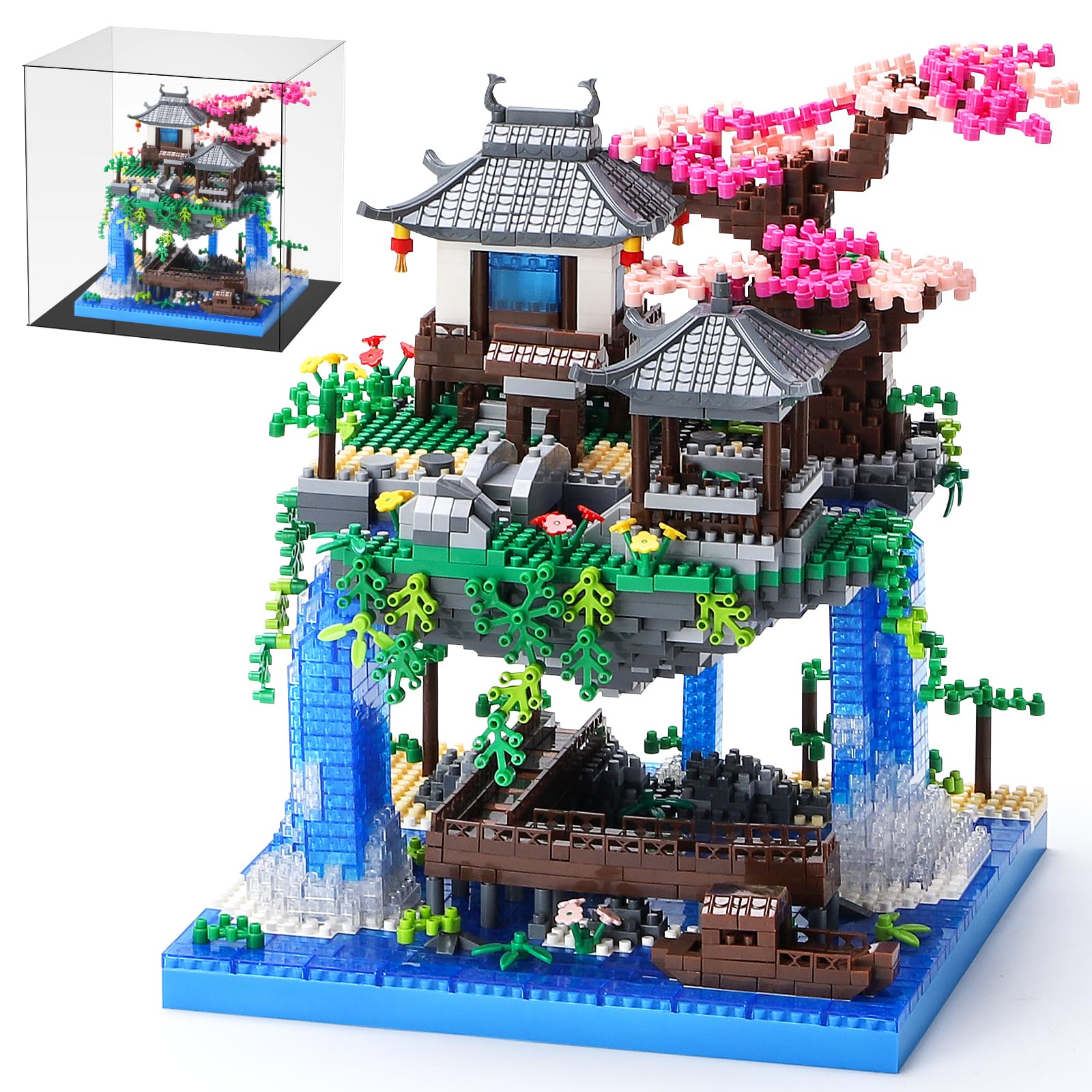 LQPFBSM Cherry Blossom Treehouse Micro Mini Building Block Sets with Acrylic Display Box Japanese Bonsai Tree Peach Blossom Pool Architecture Building