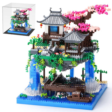 LQPFBSM Cherry Blossom Treehouse Micro Mini Building Block Sets with Acrylic Display Box Japanese Bonsai Tree Peach Blossom Pool Architecture Building