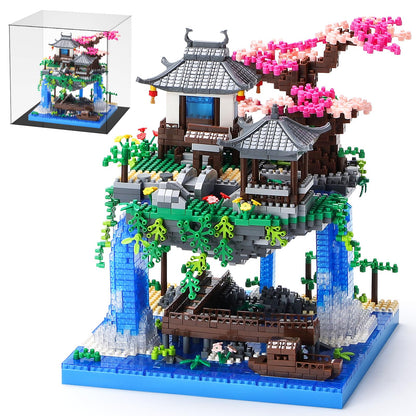 LQPFBSM Cherry Blossom Treehouse Micro Mini Building Block Sets with Acrylic Display Box Japanese Bonsai Tree Peach Blossom Pool Architecture Building