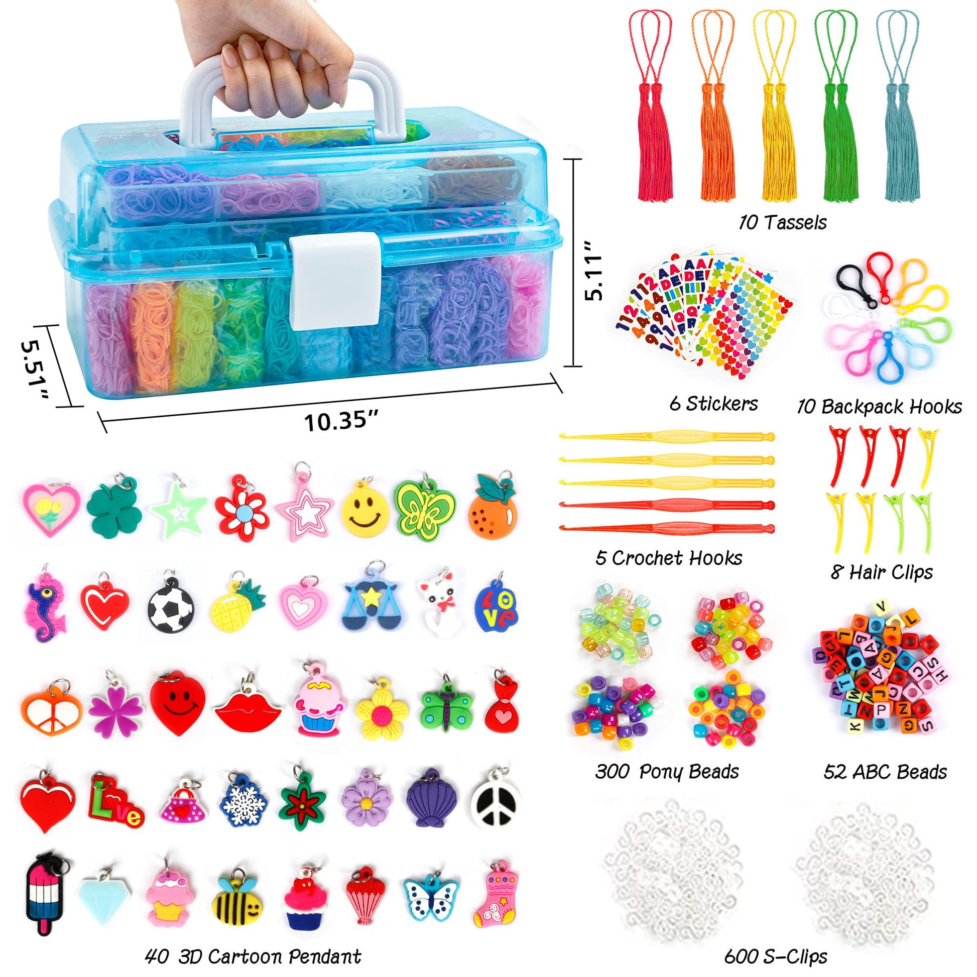 INSCRAFT 17500+ Rubber Loom Bands with 3 Layer Blue Container, 28 Colors, 600 S-Clips, 352 Beads, 40 Cartoon Pendant, Bracelet Making Refill Kit