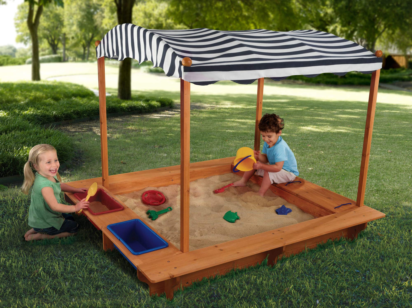 KidKraft Outdoor Covered Wooden Sandbox with Bins and Striped Canvas Canopy, Kids' Outdoor Furniture, Navy & White, Gift for Ages 2-8, Natural, 58.7 x