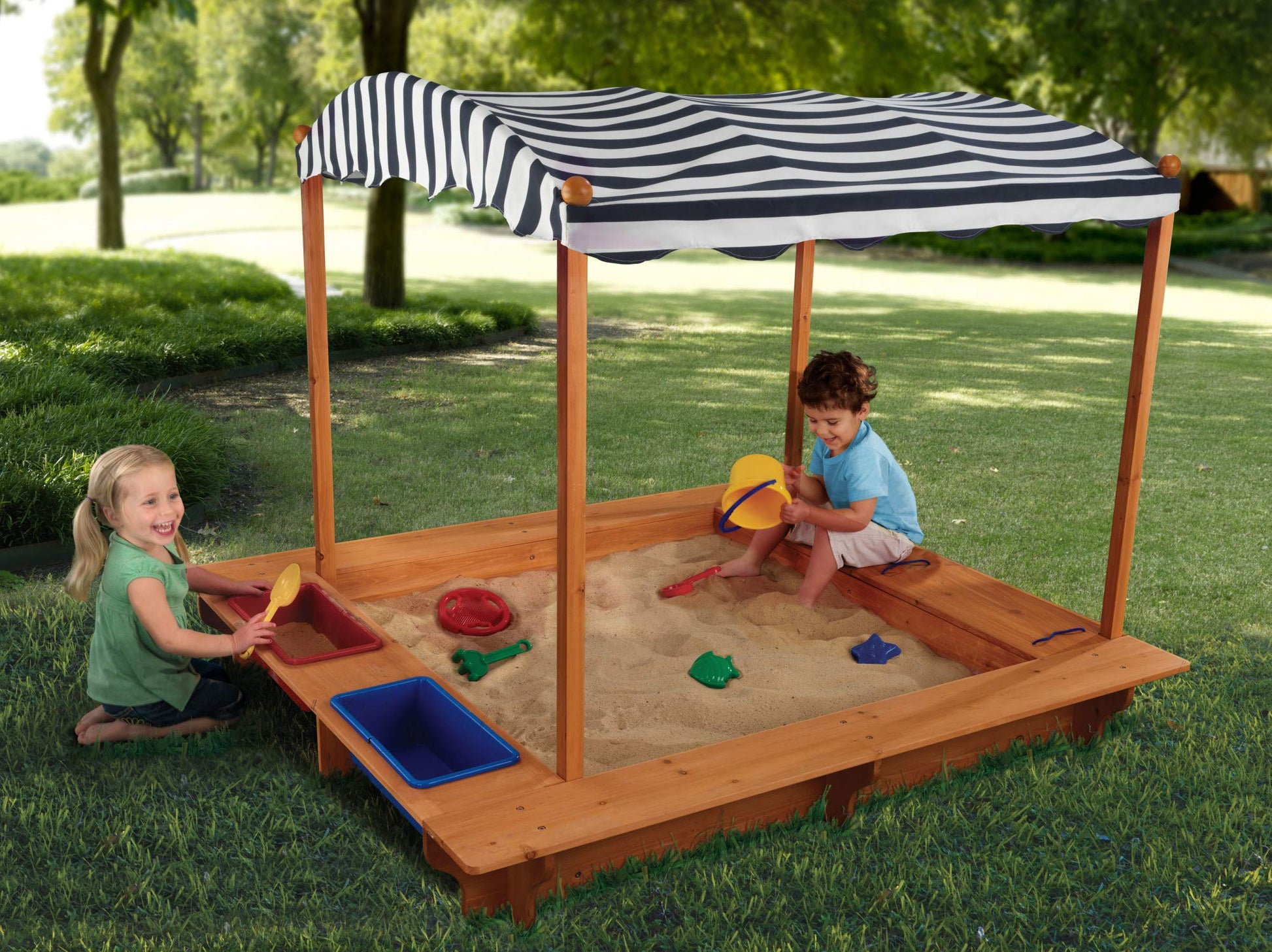 KidKraft Outdoor Covered Wooden Sandbox with Bins and Striped Canvas Canopy, Kids' Outdoor Furniture, Navy & White, Gift for Ages 2-8, Natural, 58.7 x