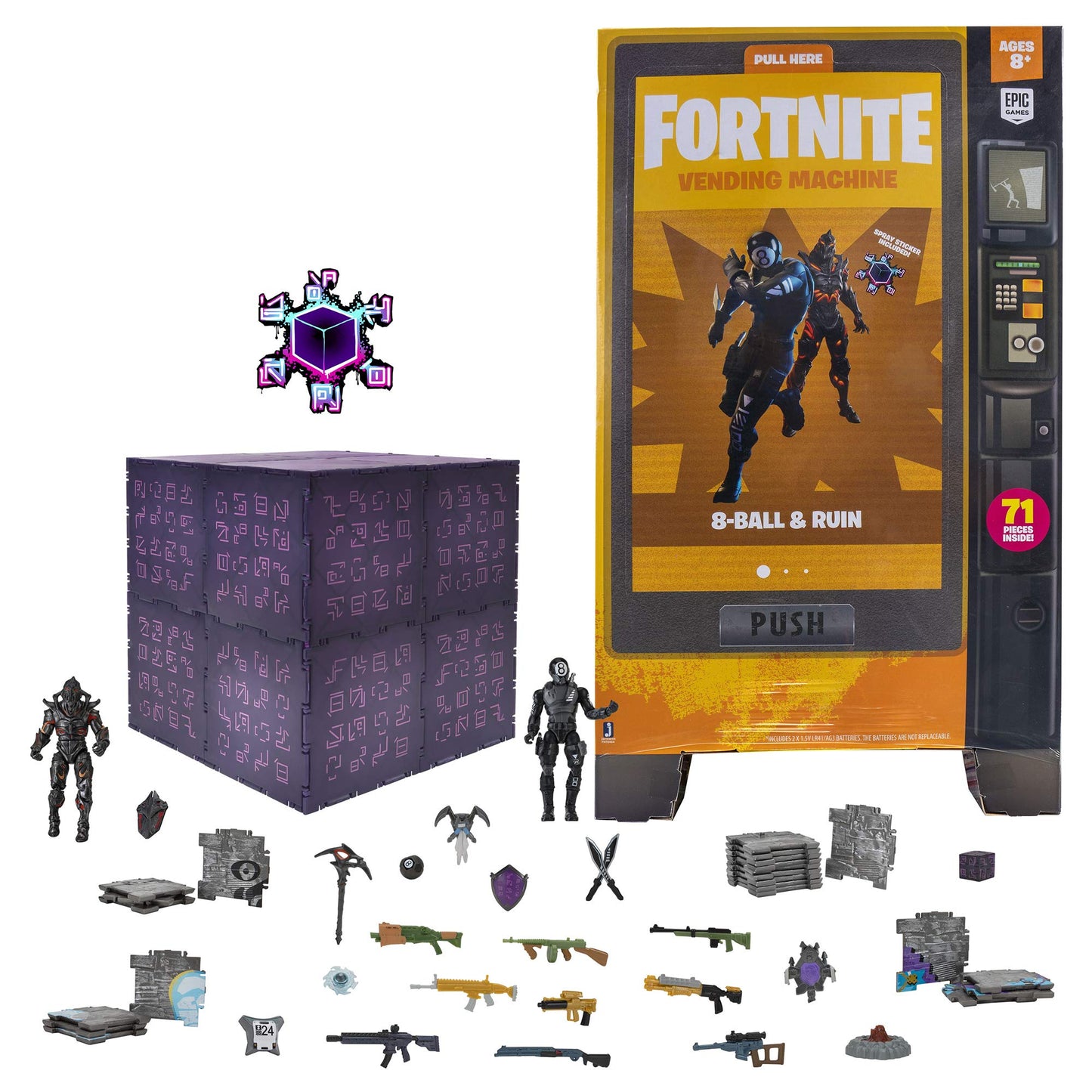 Fortnite Large Vending Machine, 2 Figure Pack - Features Ruin and 8-Ball 4 Inch Collectible Action Figures - Includes 24 ‘The Cube’ Pieces, 10