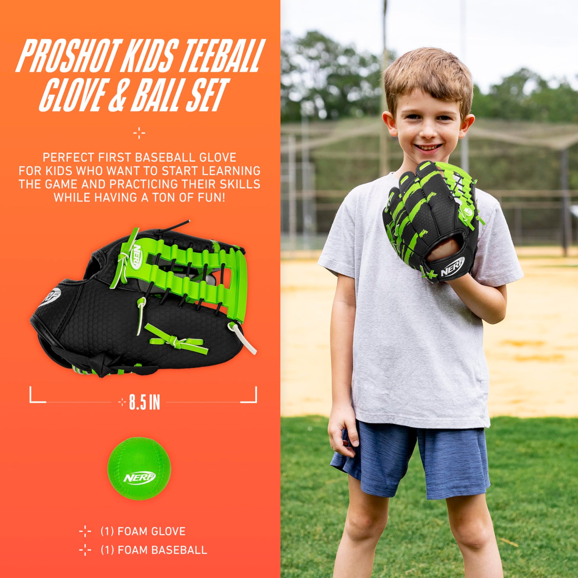 NERF Proshot Kids Teeball Glove + Ball Set - Youth Baseball Glove + Foam Ball - Boys + Girls Teeball Mitt Set - Adjustable Fit for Kids - Right Hand