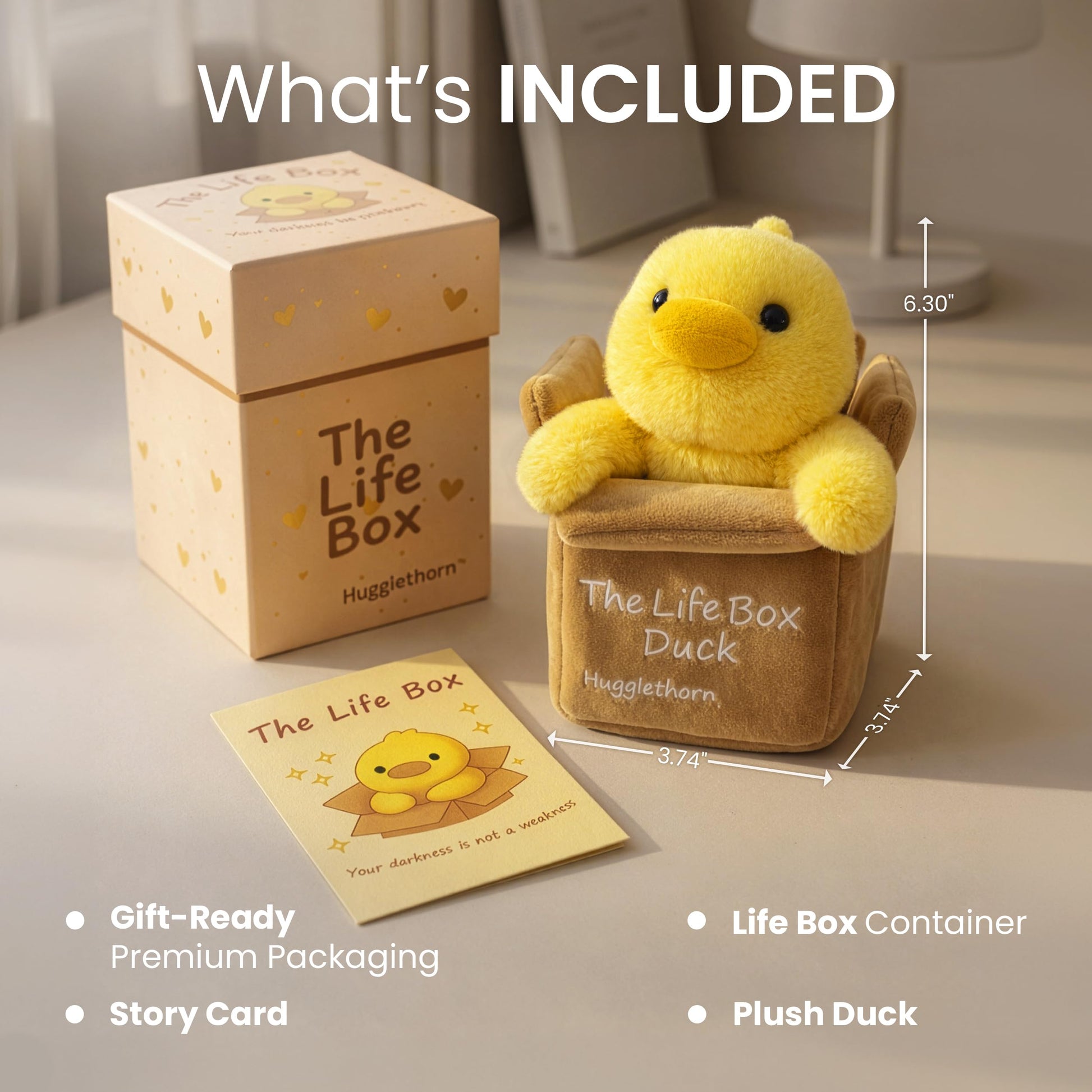 Hugglethorn Life Box Stuffed Duck - Duck Plush, Duck Stuffed Animal with Story Card & Gift Box, Emotional Support Duck, Meaningful Duck Gift, New Job