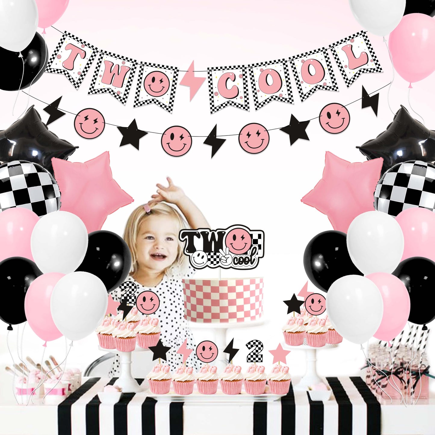 Two Cool Dude Pink Smile-Theme Birthday Party Decoration Set, Two Cool Girl Second Birthday Banner Cake Toppers Pink White Black Checker Balloons