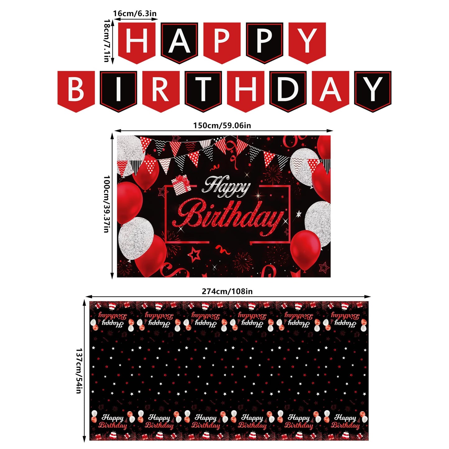 Red Birthday Background Party Supplies Decorations Red and Black Happy Birthday Banner Backdrop Tablecloth for Parties