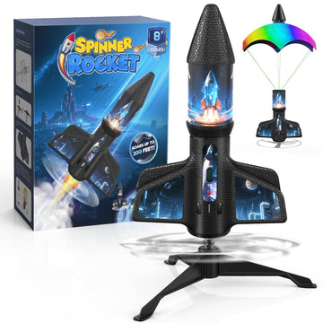 ZeroPhear Rocket Launcher for Kids, 200 ft Auto Launching Spinner Rocket Toy with LED and Safety Parachute, 2-Altitude Launch, USB Rechargeable