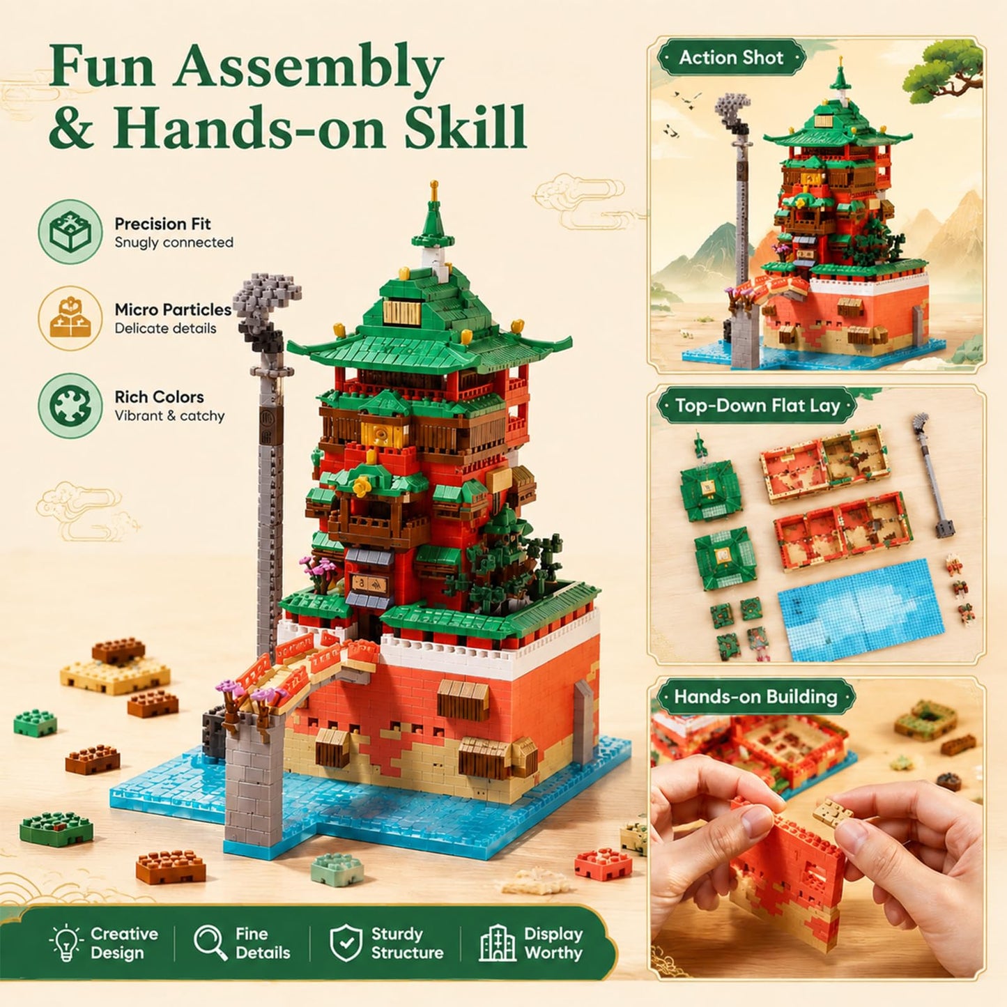 APENGBAOL Japanese Bathhouse Micro Building Blocks, 2657PCS Steampunk Architecture Building Sets, 8.1'' Japanese Architecture Set for Adults